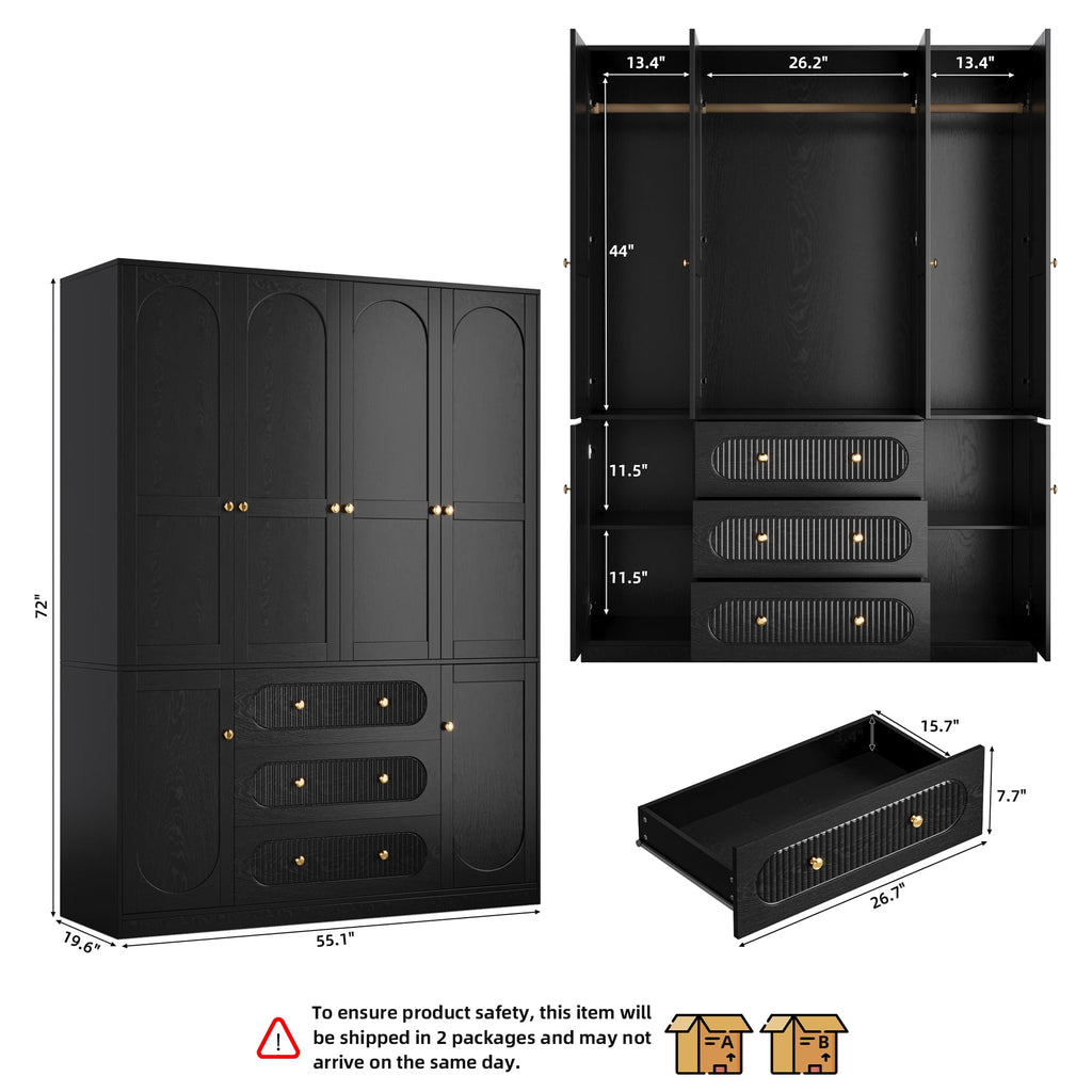 UGTOO 72H 4-Door Wardrobe Armoire with 3 Hanging Rods & 3 Drawers – Black Wooden Closet Storage Cabinet, Large Capacity Freestanding Clothes Organizer for Bedroom