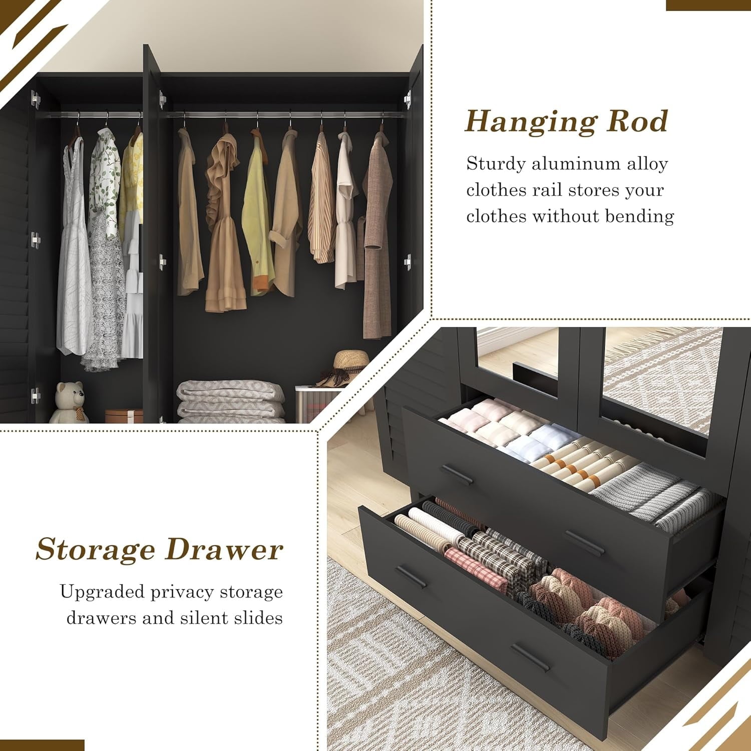 Blotout 70 Armoire Wardrobe Closet with Mirror & LED Lights, LED White Louver Door Wardrobe Armoire with 3 Drawers & Hanging Rods, Large 3 Doors Armoire Storage with Multi-Layer Shelves
