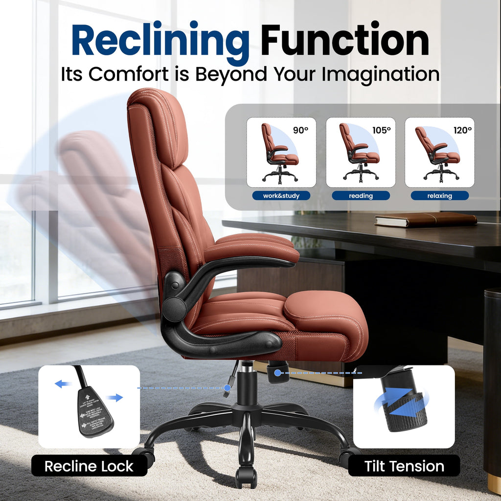 STACOO High Back Executive Office Chair 400lbs, Big and Tall Ergonomic Desk Chair with Lumbar Support & Flip-up Armrests, PU Leather Swivel Chair with Adjustable Height – Brown