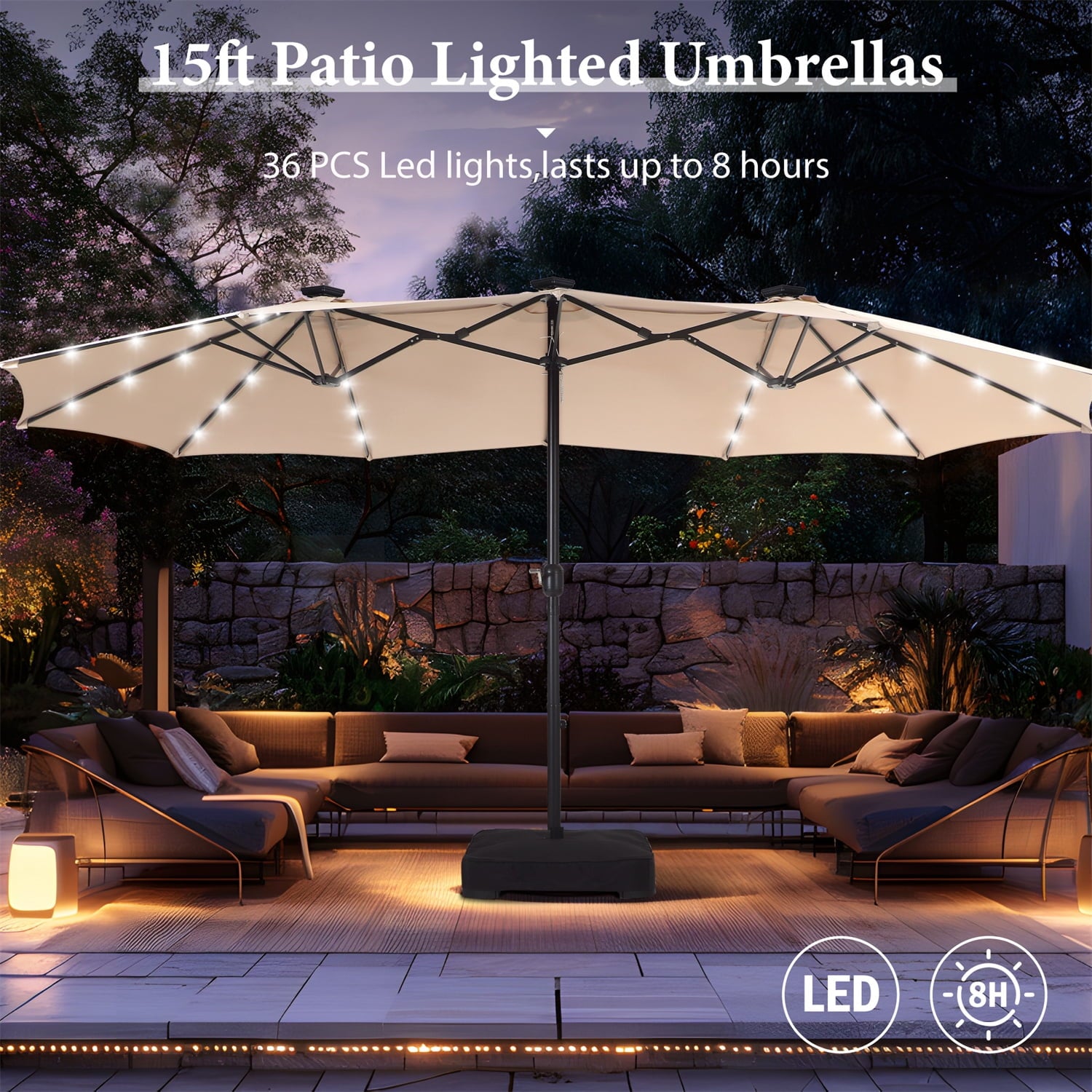 SUMMIT LIVING 15ft Double-Sided Solar Patio Umbrella with Base (Included) Large Outdoor Umbrella with Solar Lights - Beige