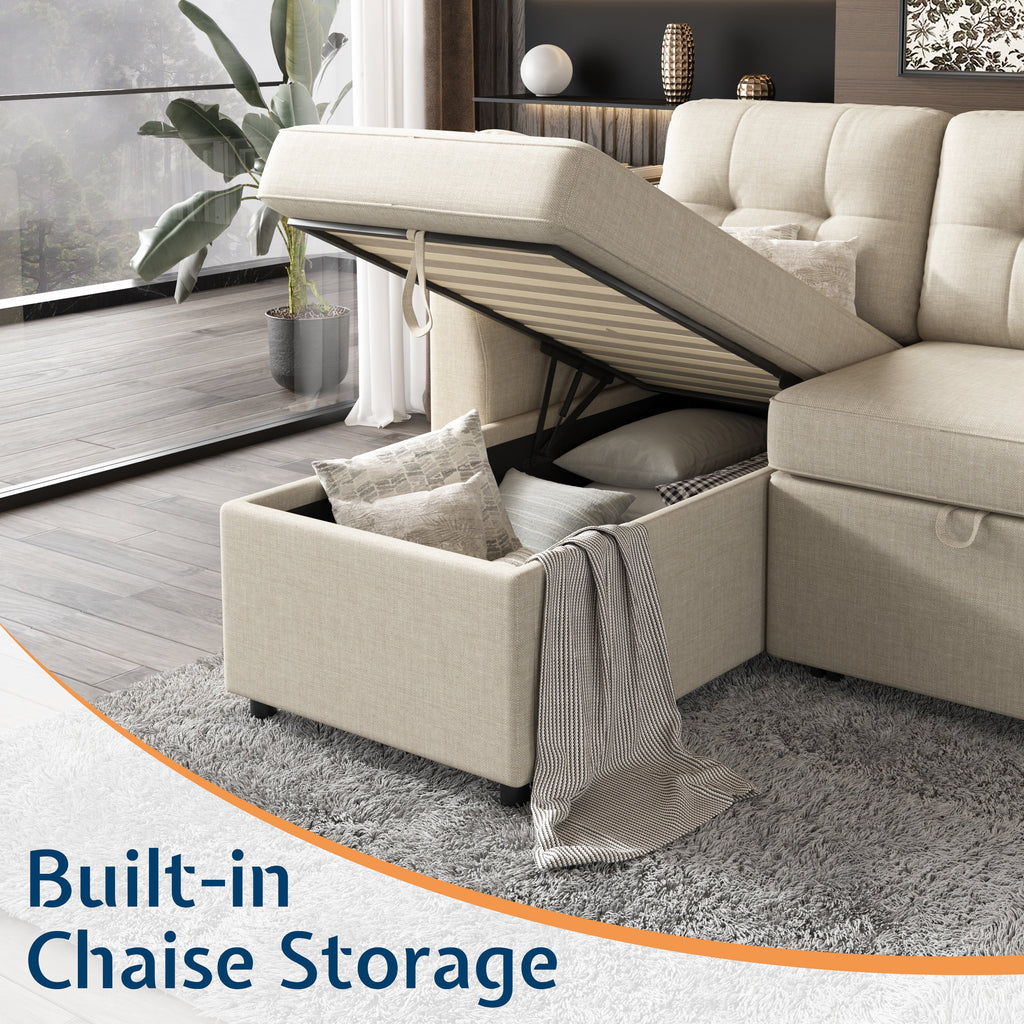 VANACC Sectional Sofa Bed with Storage and Soft Seat ,Reversible Pull Out Couch for Living Room,Gray