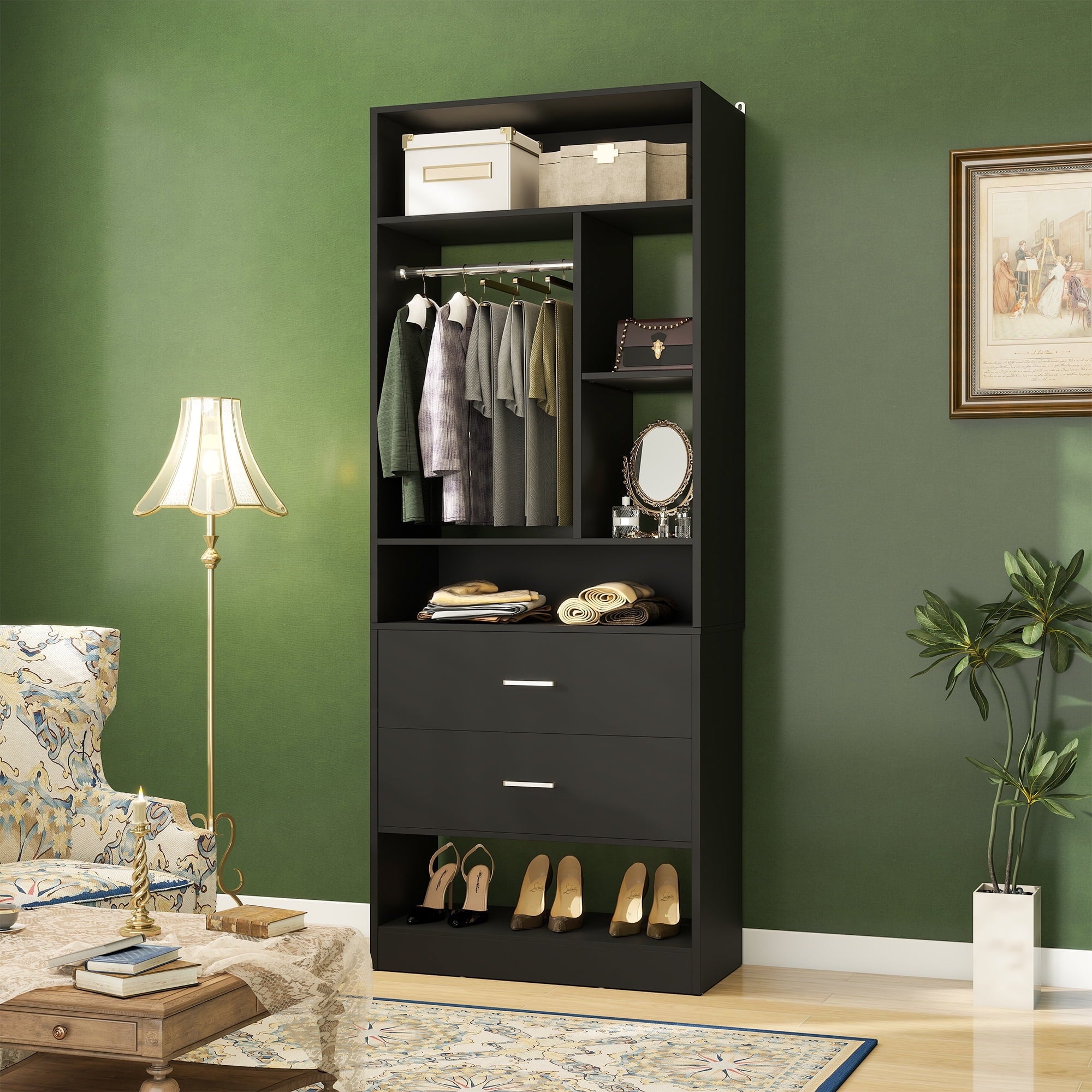 Homieasy Freestanding 24 Closet System with 2 Wood Drawers, 2FT Small Closet Organizer System with 6 Shelves & Hanging Rod, Walk-in Closet Systems for Small Closets, White