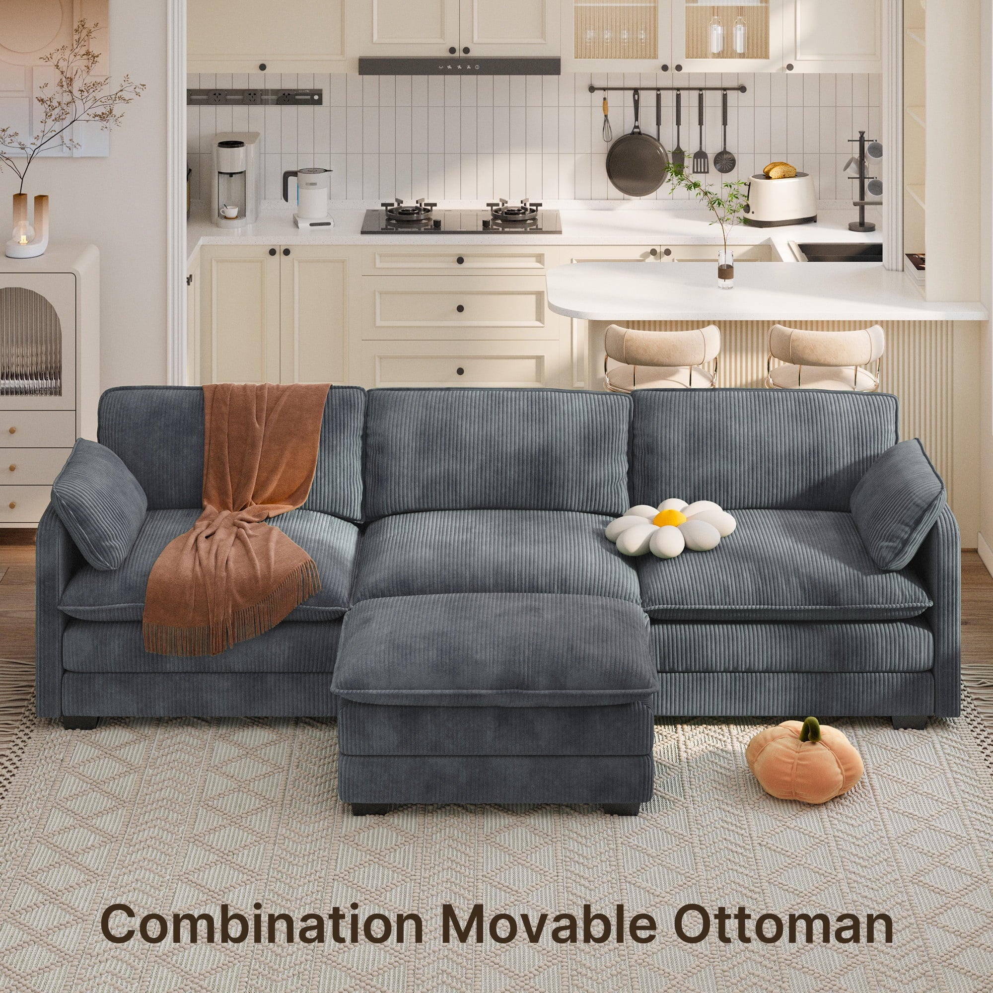 Sofa, L-Shaped Sofa Couch with Deep Seat and Movable Footrest Sofa for Office|Living Room, Gray