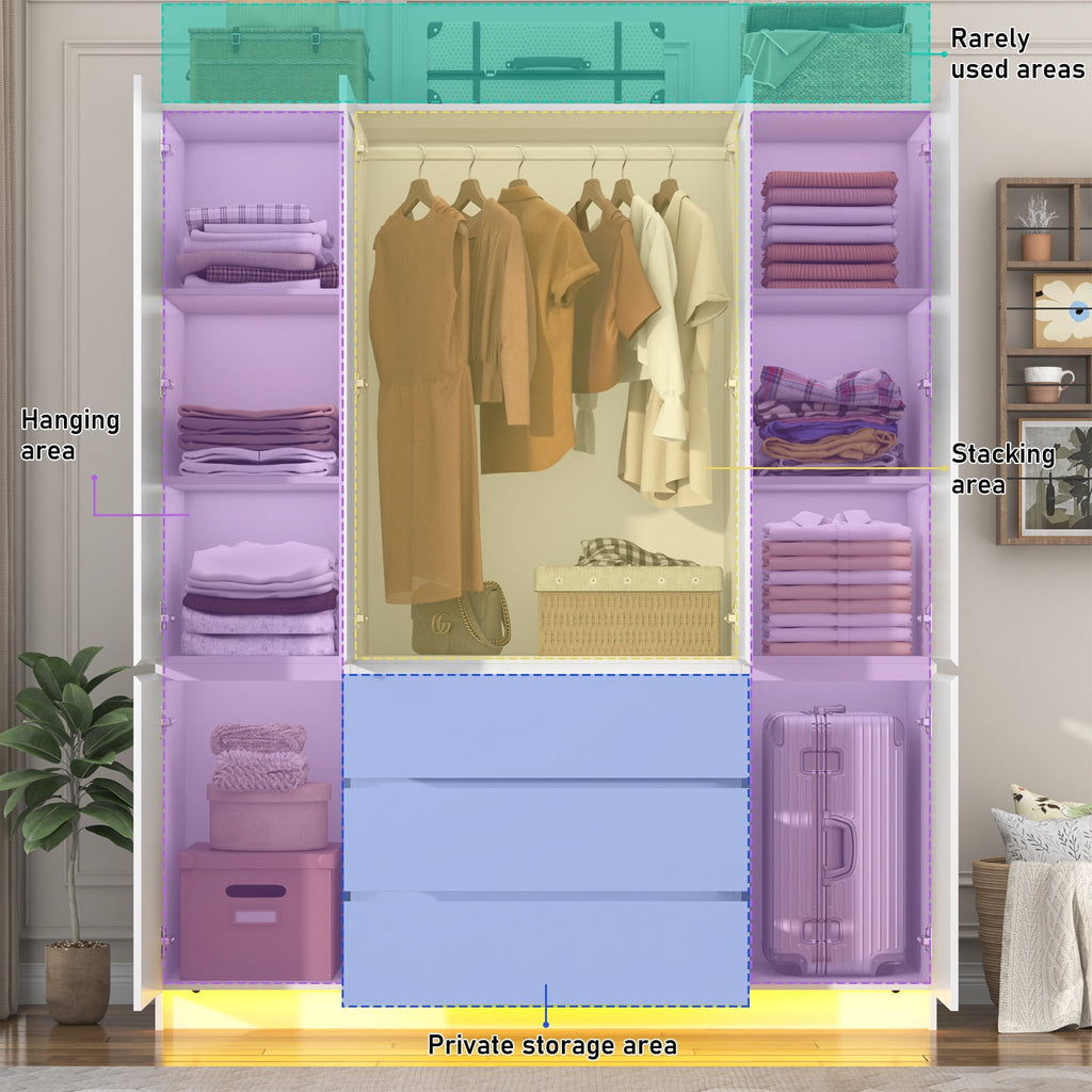 75 Tall 3 Doors Armoire Wardrobe Closet with  3 Drawers and Mirror, Large Wardrobe Closet for Bedroom with LED Lights, Wooden Armoire Storage Cabinet with Hanging Rod, Adjustable shelves (White)