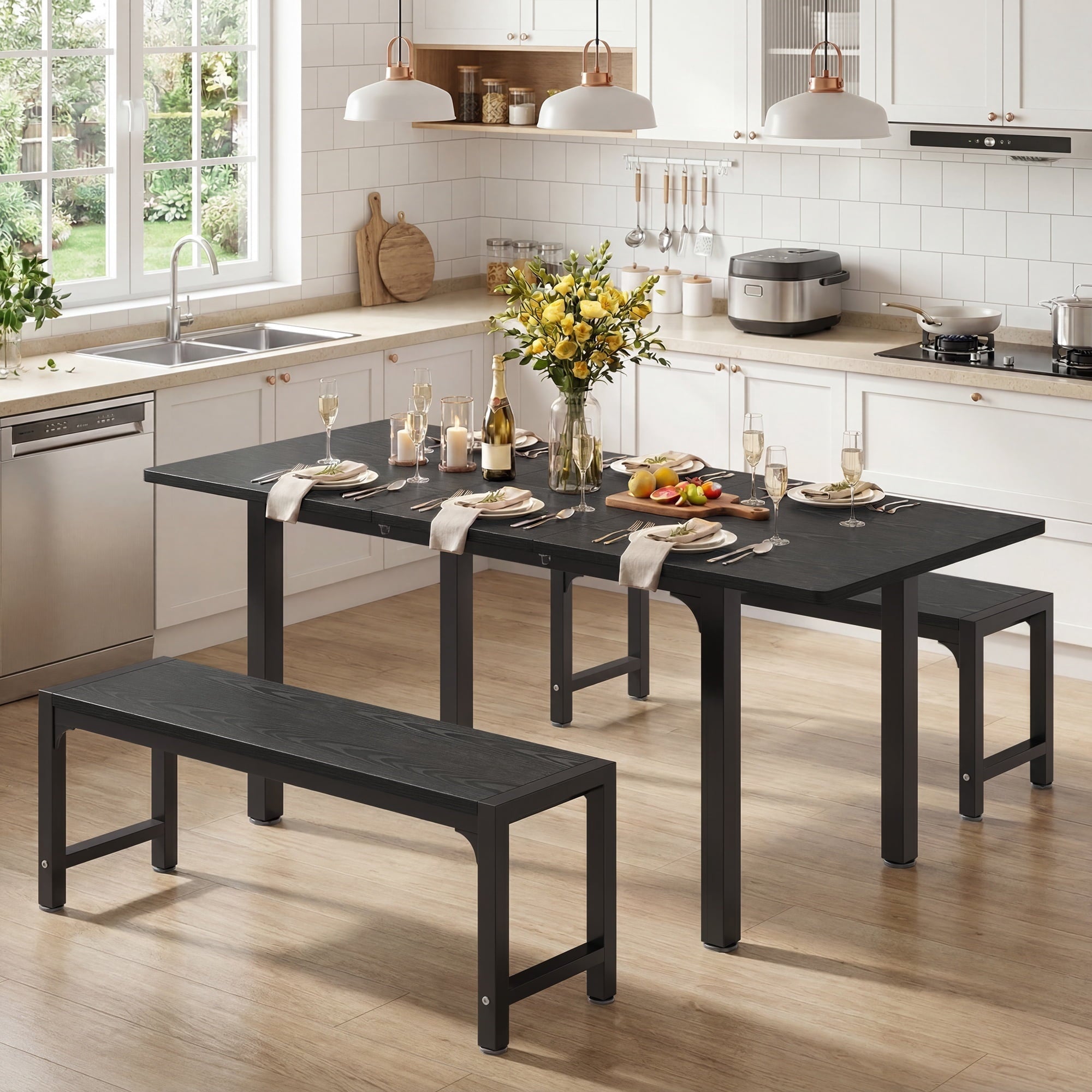Noelse 5 Piece Dining Table Set for 4, Kitchen Table and Chairs Set with Upholstered Seats and Backrests, Wooden Frame for Kitchen Dining Room