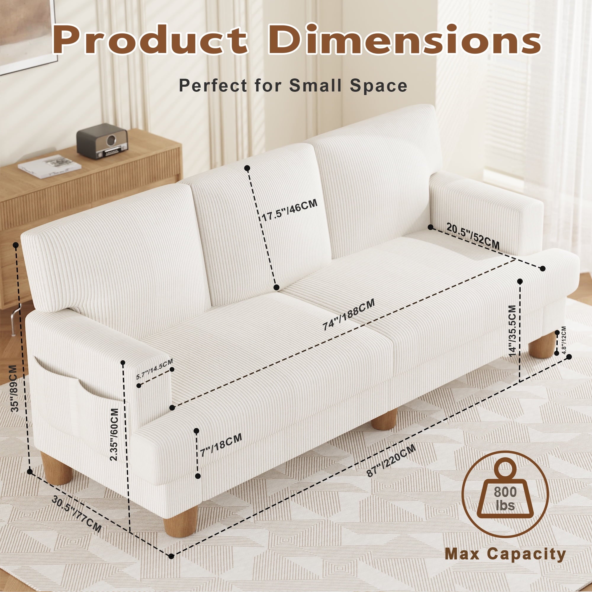 AAQZ 87 Corduroy Sofa Couch for Living Room, 3 Seater Deep Seat Comfy Couch in a Box, 2 Cushions, 2 Pillows Tool-Free Setup,Gray
