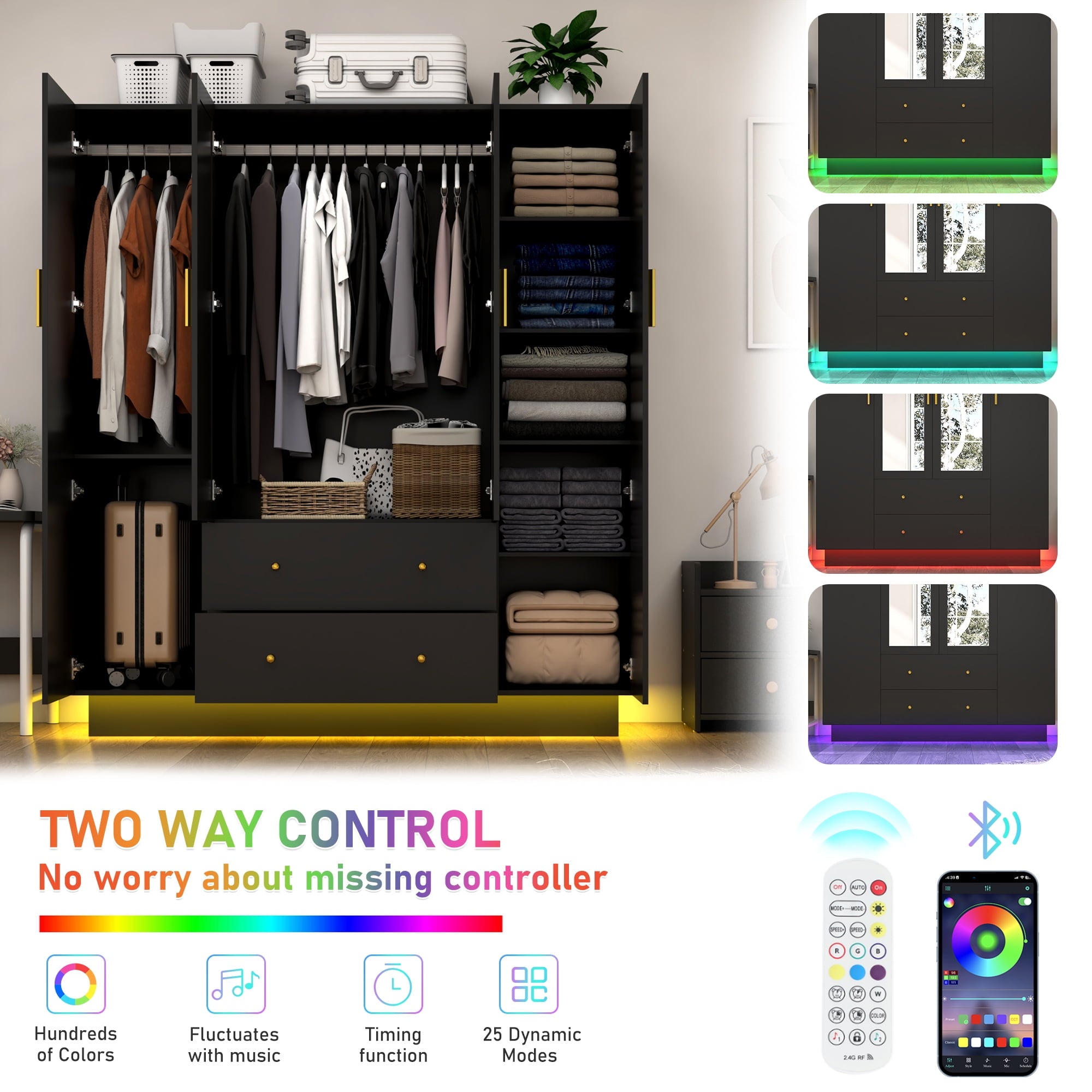 Blotout 70 Armoire Wardrobe Closet with Mirror, LED Wardrobe Armoire with 2 Drawers, 3 Door Wood Armoire Storage with Hanging Rods and Multi-Layer Shelves