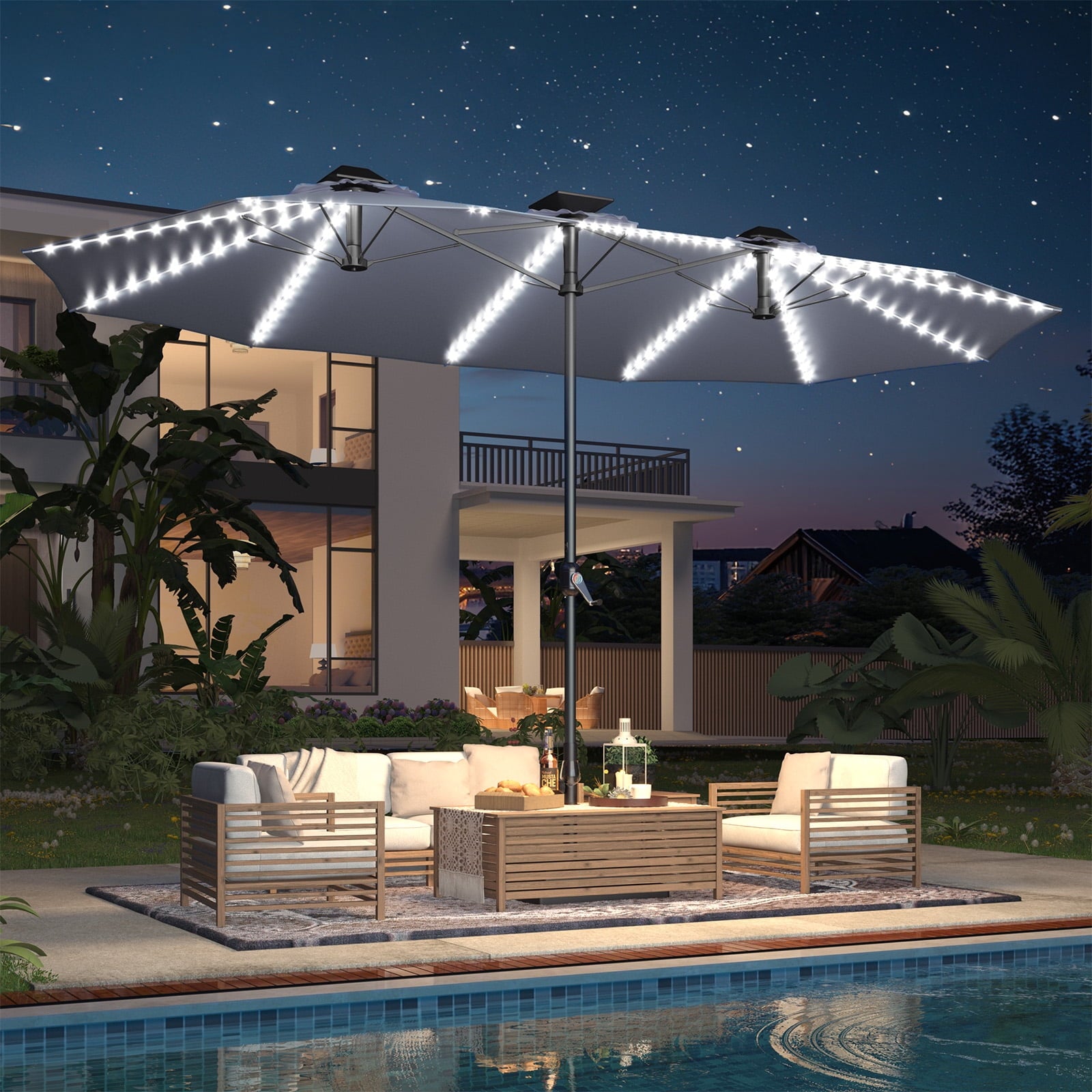 AECOJOY 10x10ft Outdoor Cantilever Patio Umbrella with Base, 360° Tilt & Rotate, Beige