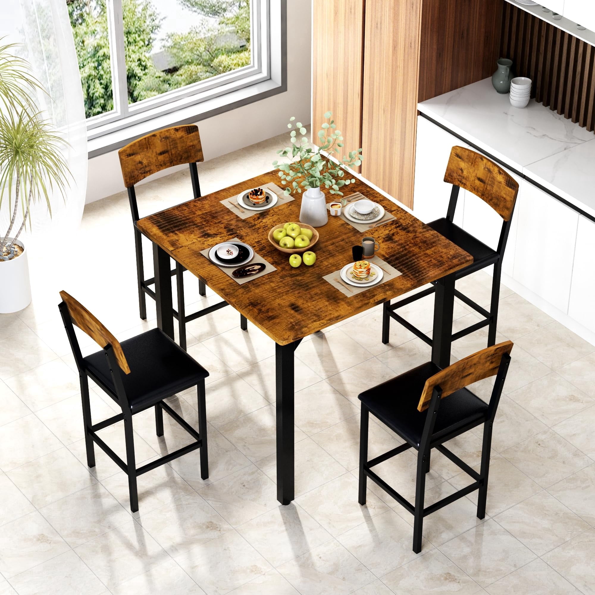 MIERES 5 Piece Dining Table Set High Top Dining Table Set for 4 Counter Height Small Kitchen Table With 4 Velvet Upholstered Chairs, Wood Small Dining Set for Bar Dining Room Breakfast