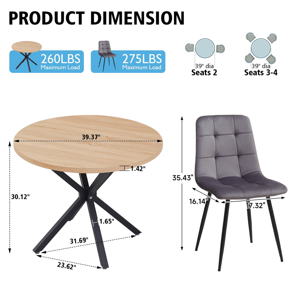 5 Piece 39 Round Dining Table Set for 4, Mid Century Kitchen Table with 4 Khaki Fabric Upholstered Dining Chairs for Apartment Living Room, Space Saving Table.