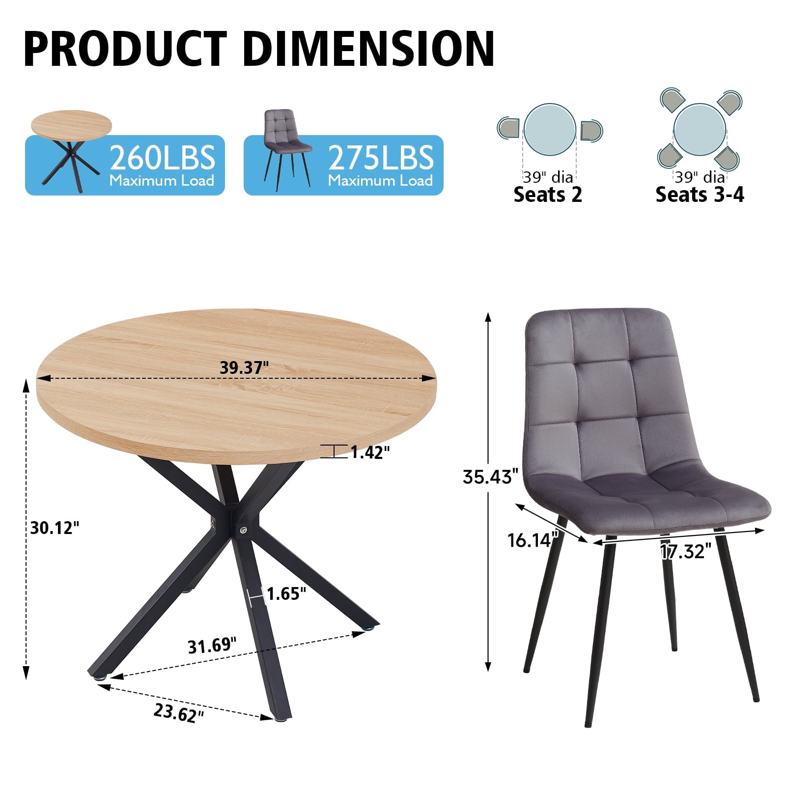 5 Piece 39 Round Dining Table Set for 4, Mid Century Kitchen Table with 4 Khaki Fabric Upholstered Dining Chairs for Apartment Living Room, Space Saving Table.