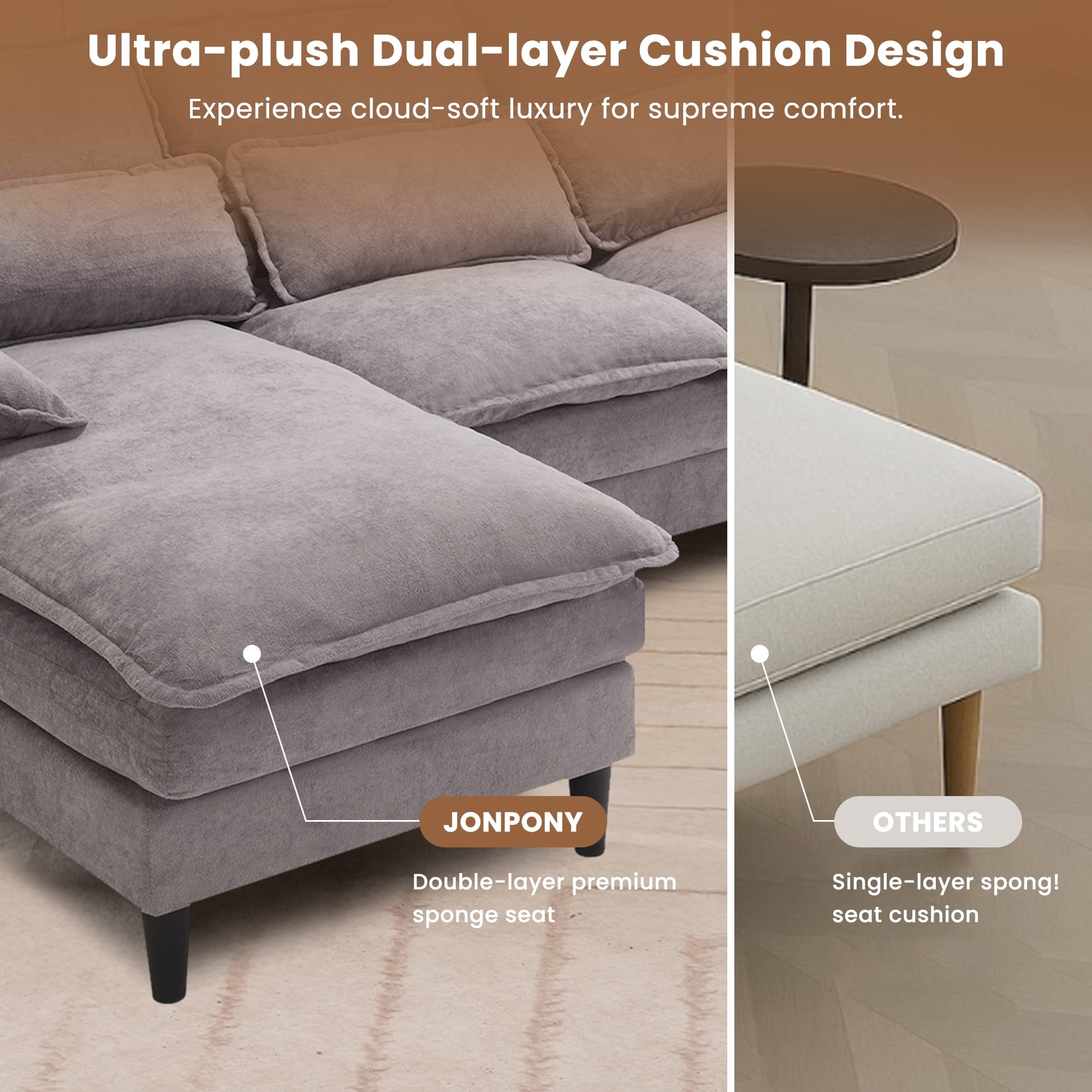 JONPONY109.45 U Shaped Couch,Oversized 4 Seat Sectional with 4 Waist Pillows, Convertible Upholstery Symmetrical Sofá,Sleeper Sofa Couch with Double Chaise Lounge &Memory Foam for Living Room, Beige