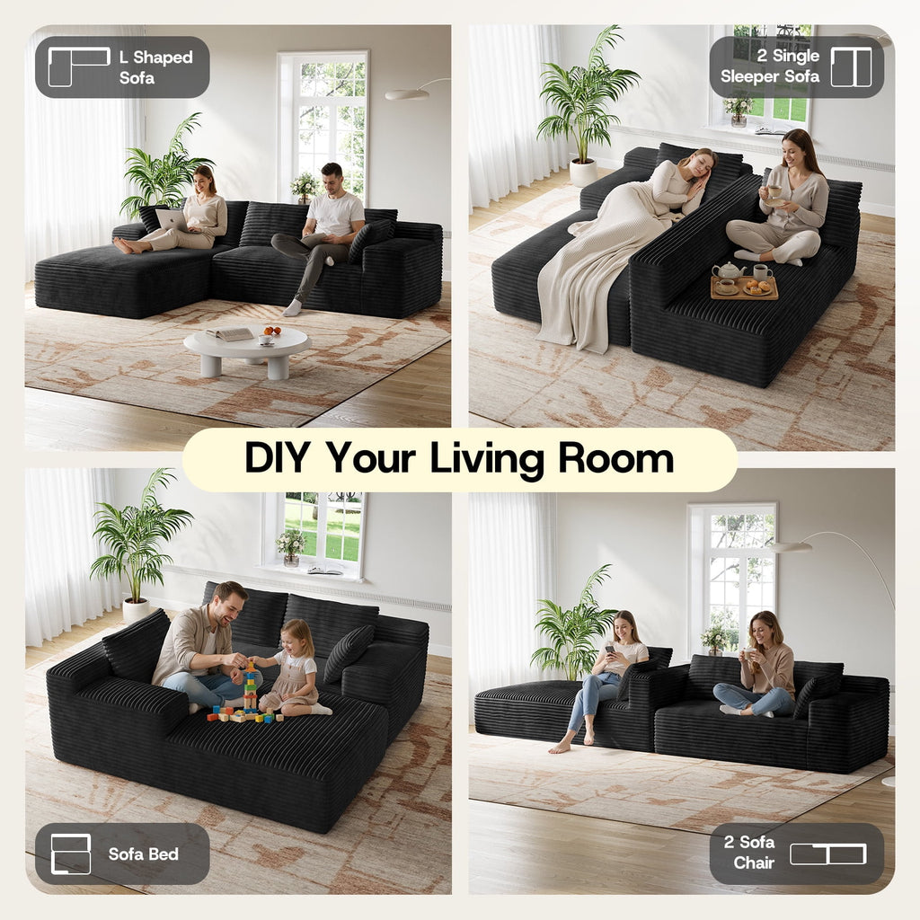 Patbrela 106 Sectional Couch for Living Room, L-Shaped Boneless Cloud Couch Corduroy Modern Sectional Sofa with Deep Seat and Thickened Cushion, No Assembly Required, Black