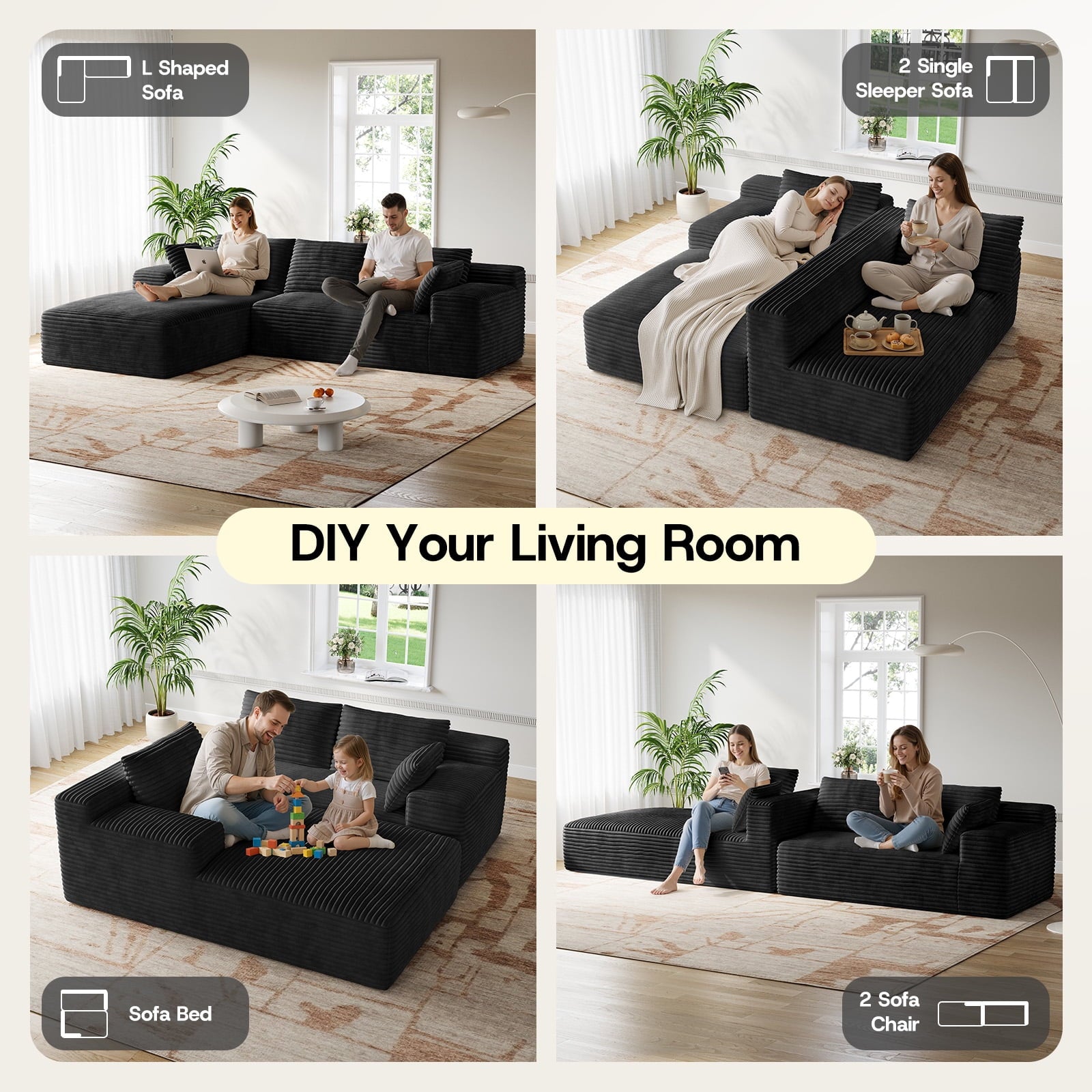 Patbrela 106 Sectional Couch for Living Room, L-Shaped Boneless Cloud Couch Corduroy Modern Sectional Sofa with Deep Seat and Thickened Cushion, No Assembly Required, Black