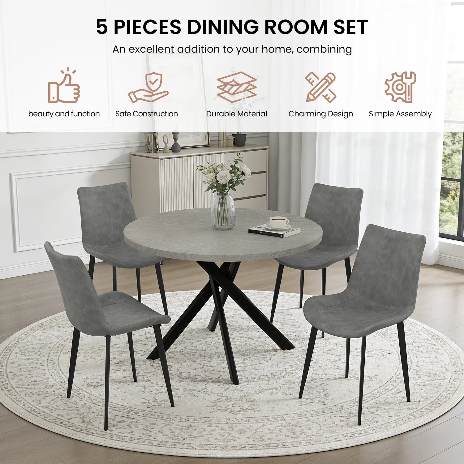 43.5 Round Dining Table for 4, Space Saving Kitchen Table with Metal Legs, Mid Century Modern Dining Table for Dining Living Room Apartment Small Space