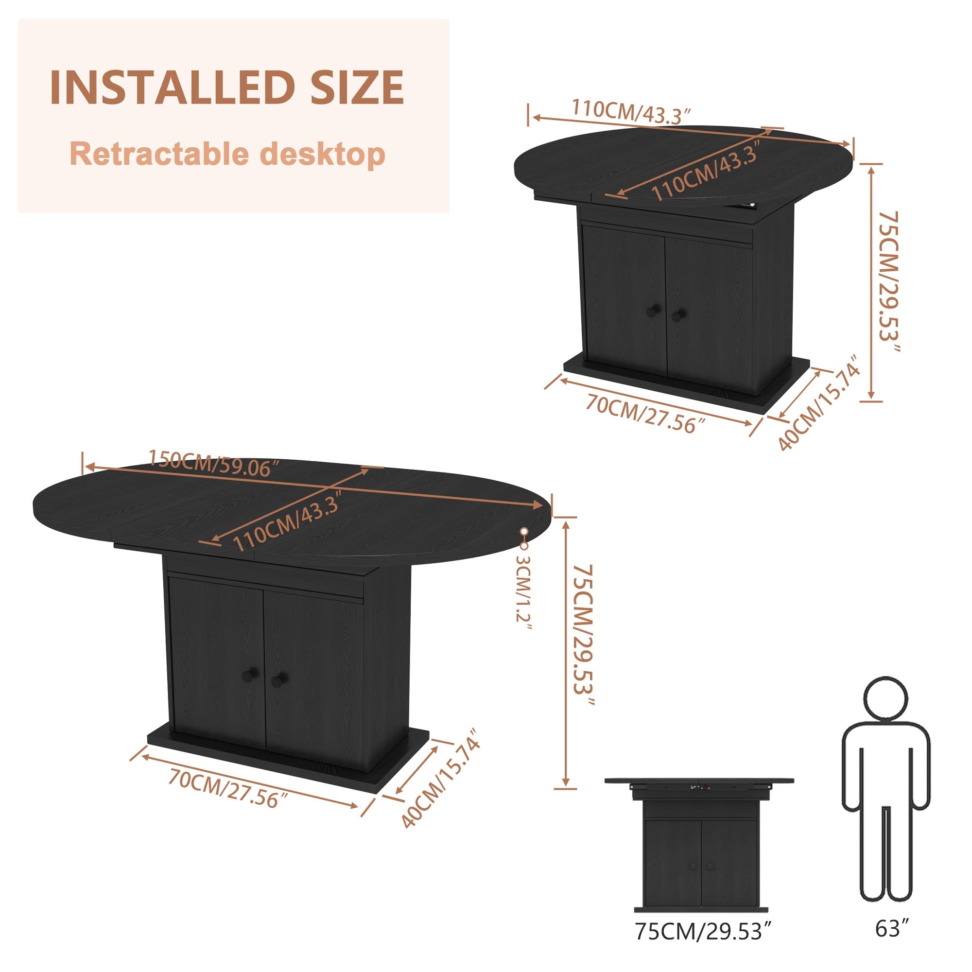 WARAYZ 43.3–59in Extendable Dining Table, Wood Expandable Design with Hidden Storage, Rectangular Space-Saving Dark Brown