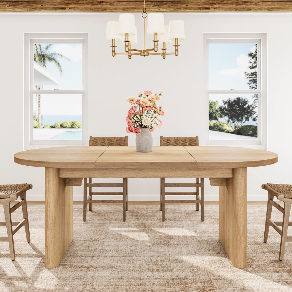 70.8 Inch Oval Farmhouse Dining Table for 6-8 People, Long Large Kitchen Table with Thick Sturdy Wooden Base-Natural