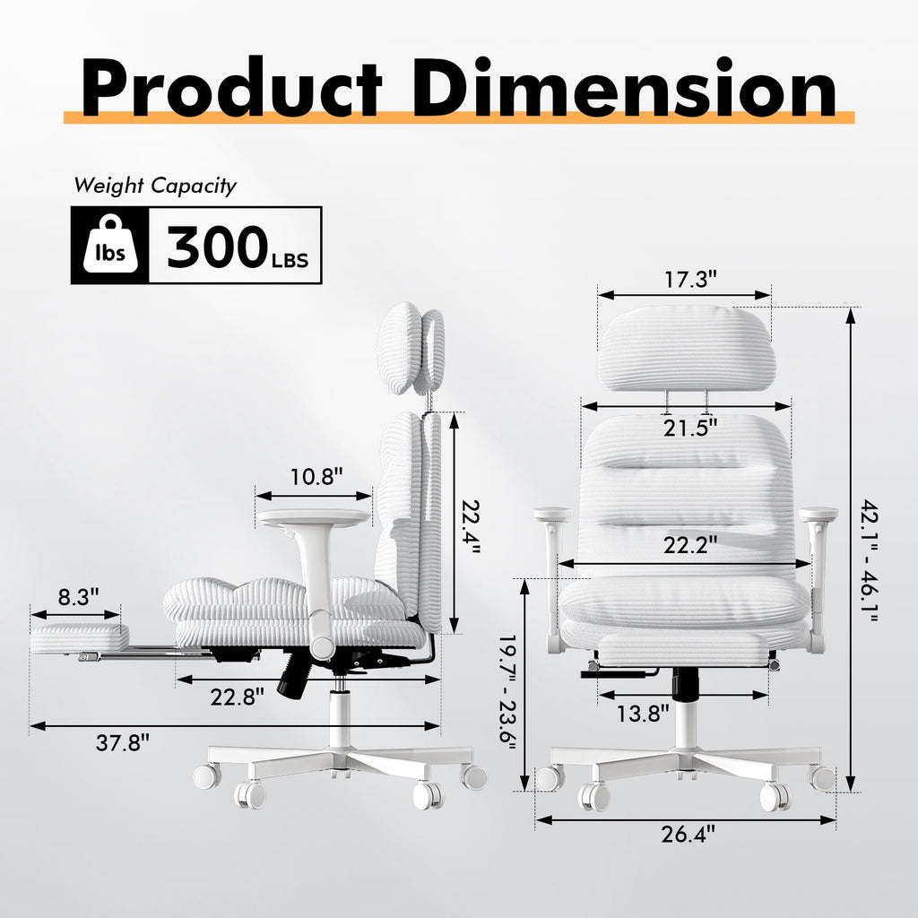 Ninecer Ergonomic Office Chair with Footrest, Big and Tall Computer Desk Chair for Adults, Adjustable Swivel Chair with Headrest Lumbar Support, White