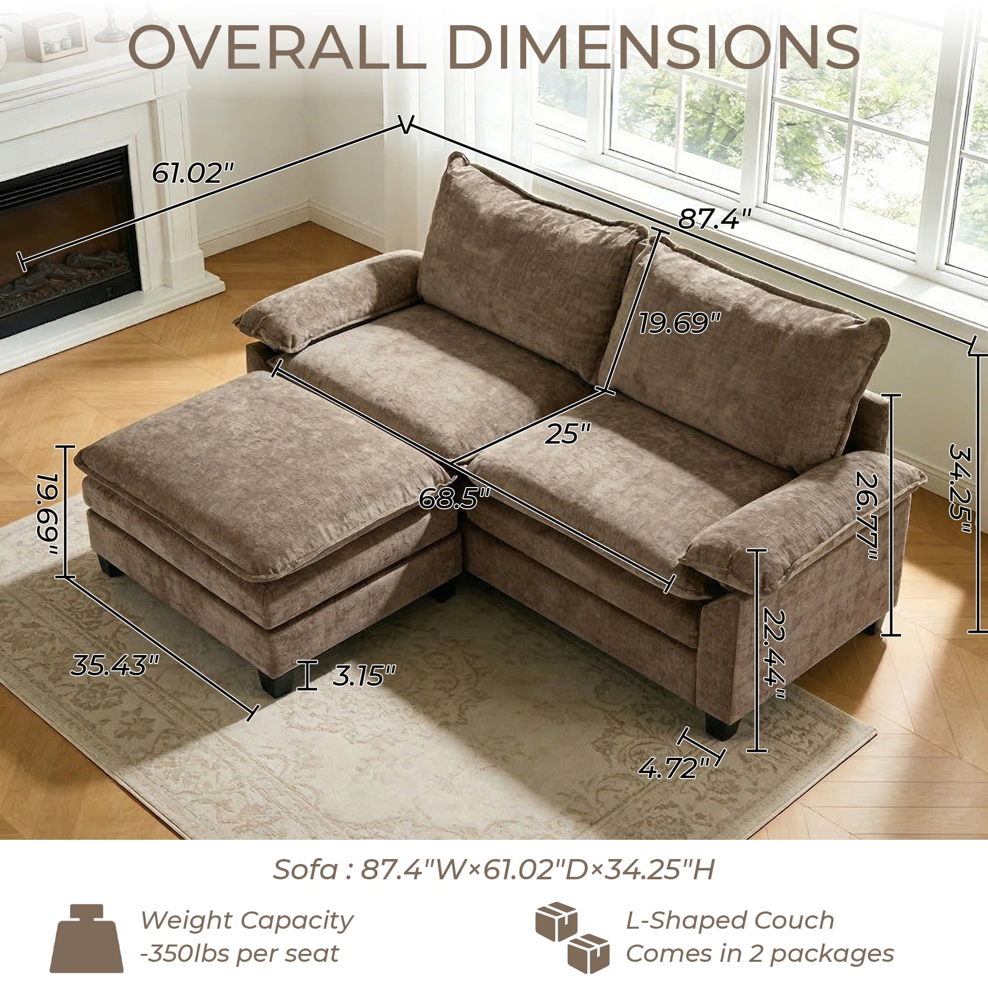 Ktaxon Sectional Sofa L Shaped Couch with Chaise Living Room Sleeper Set, 2 Seats with Chenille and Double Layer Cushions 86 W Beige