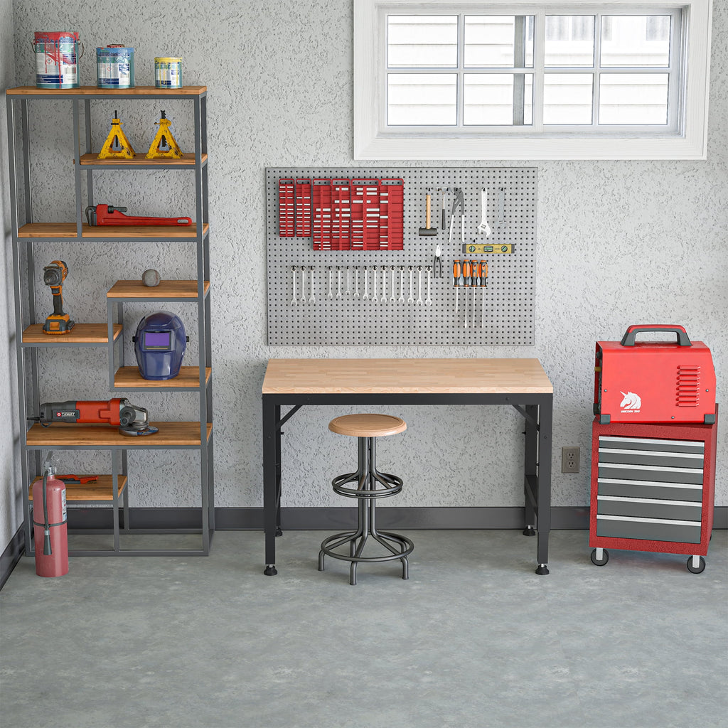 LZBEITEM 60 Adjustable Workbench for Garage, Rubber Wood Heavy Duty Workstation with Power Outlets, 2000 lbs Load Capacity Hardwood Worktable for Workshop, Garage, Office, Home, Commercial 23.62