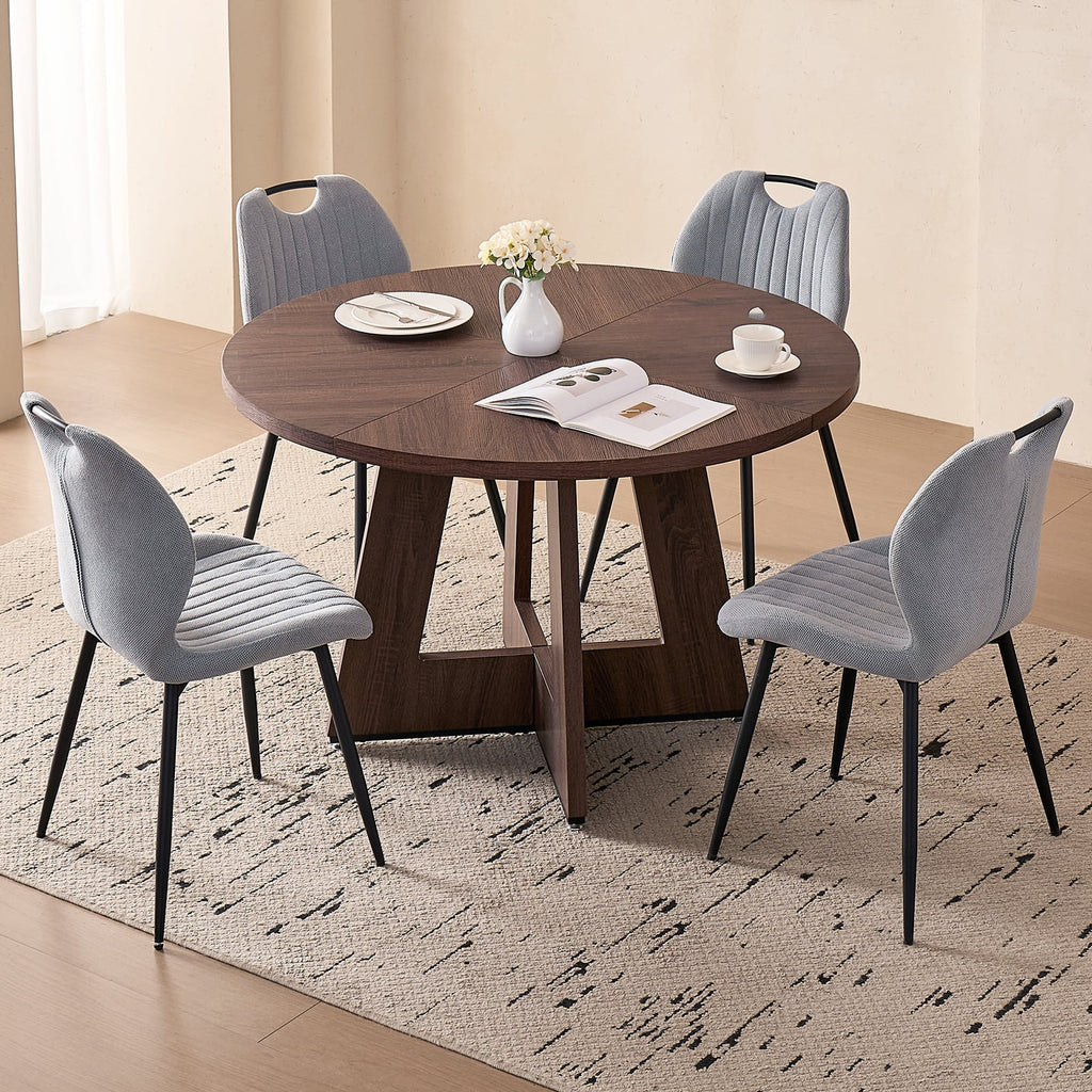 5 Piece 47'' Round Dining Table Chairs Set for 4, Farmhouse Oak Kitchen Table with 4 Boucle Mid Century Modern Dinning Room Chairs, Wood Dinner Table &Upholstered Chair Set of 4, Beige