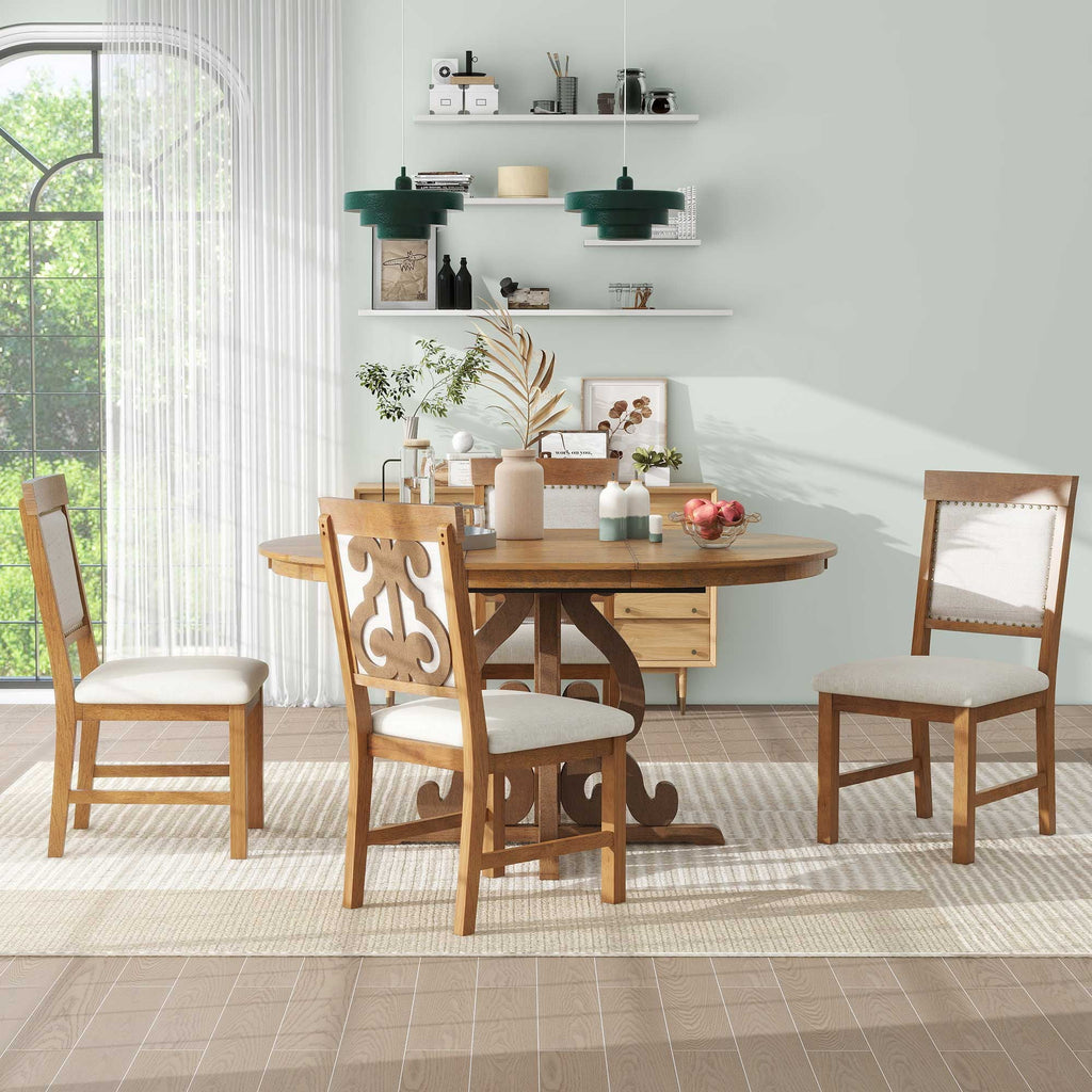 Harper & Bright Designs Farmhouse 5 Piece Kitchen Dining Table Set for 4, Solid Wood Extendable Round Dining Table Set and 4 Upholstered Chairs, Retro Dining Set for Kitchen, Natural Wood Wash