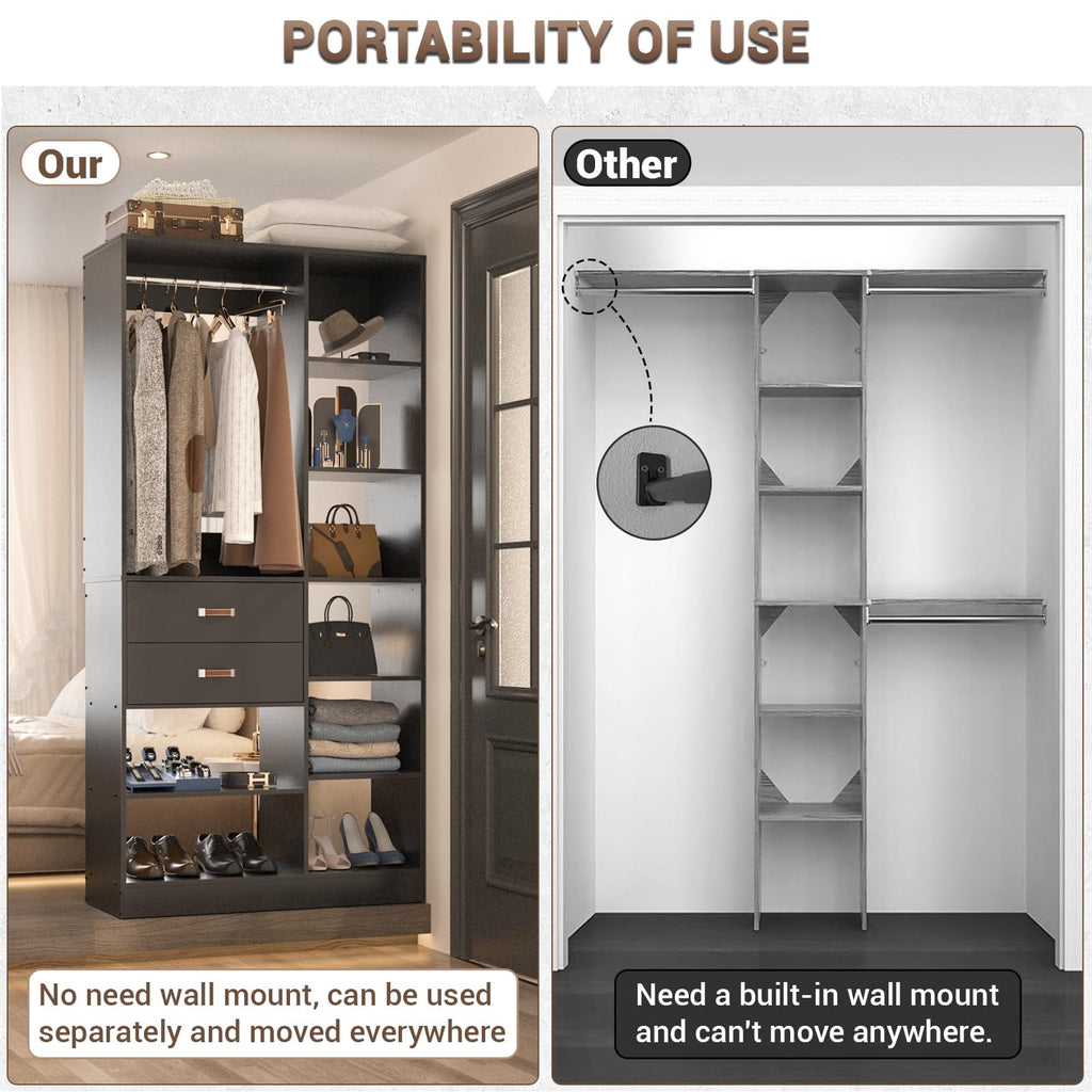 Homieasy 39.4'' W Closet System with Wooden Drawers and Hanging Rods, White