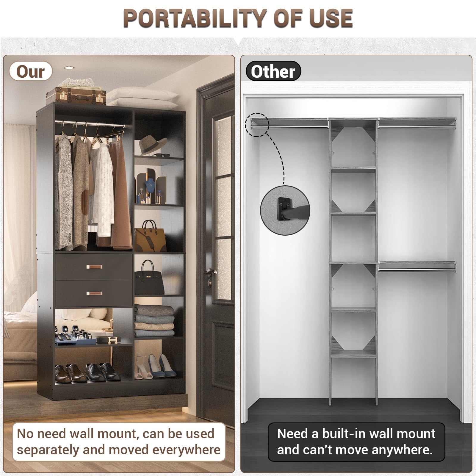 Homieasy 39.4'' W Closet System with Wooden Drawers and Hanging Rods, White
