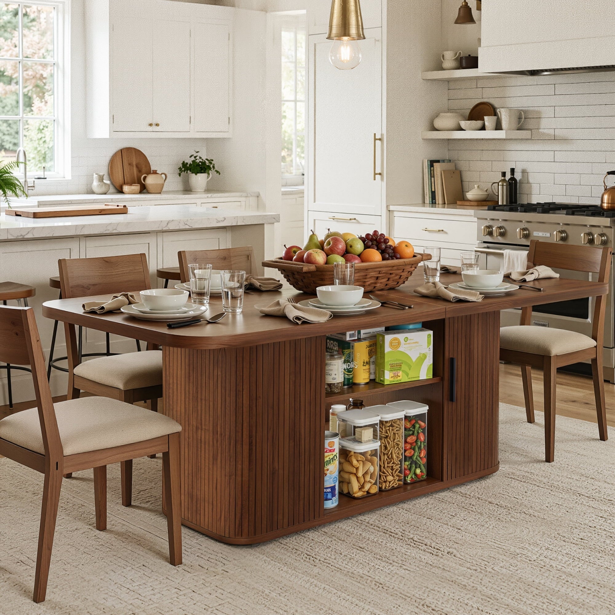 SUNCOZE 70in Dining Table for 4-8, Dining Leisure Table with Storage Shelves, 1.38 Thick Top, Scratch-Resistant, Natural Wood Finish, Multi-Use for Dining Room Kitchen Office, Wood Finish