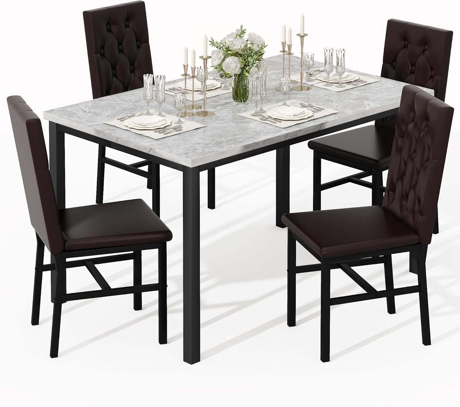Baxluxe Dining Table Set for 4, Space Saving Rectangle Dining Table with 4 Velvet Dining Chairs, Faux Marble Kitchen Table and Chairs Set, Modern Dining Room Set for Kitchen, Pub, Beige+Gray