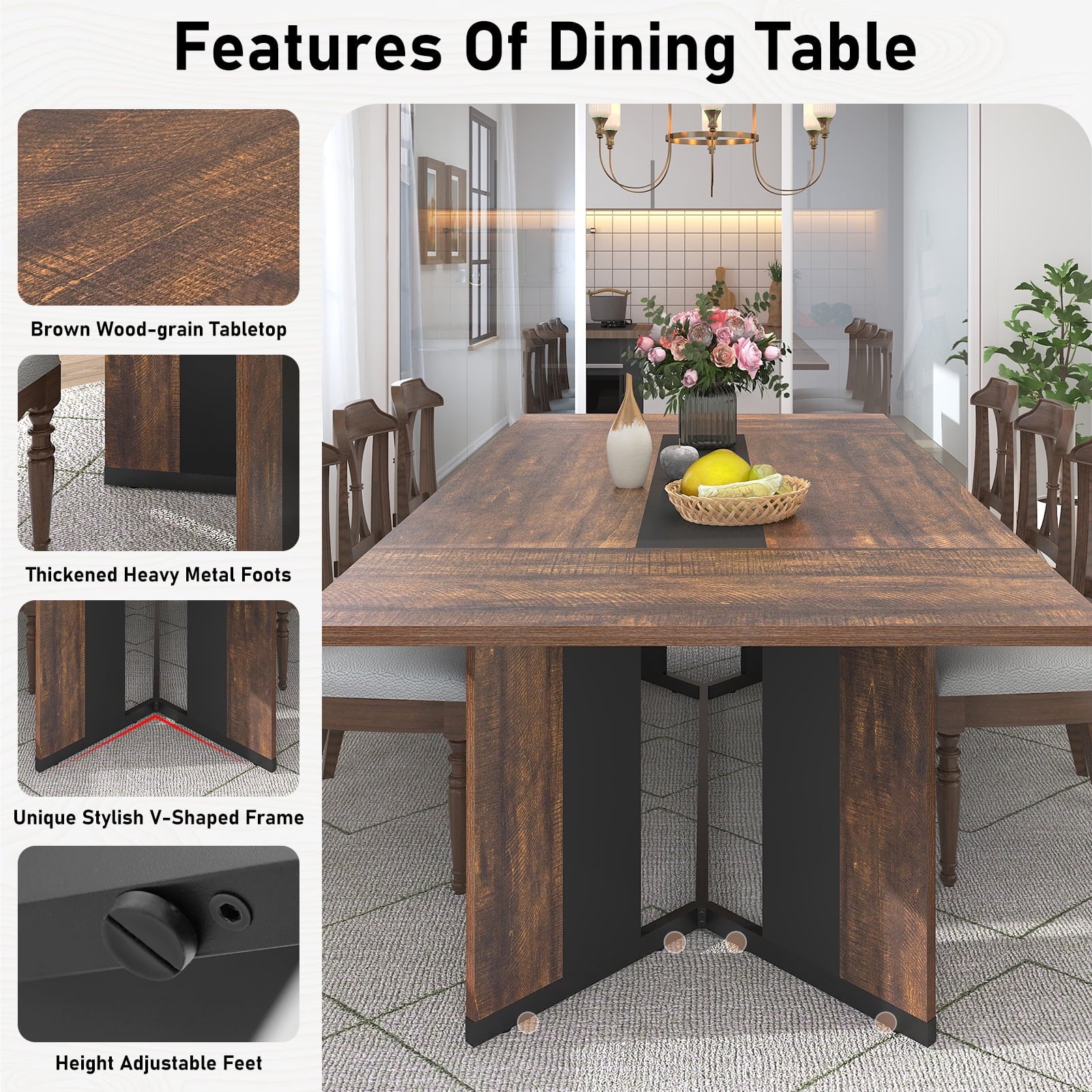 71 inch Large Rectangular Dining Table for 6-8 People, Dining Table with Marble-Color Wood Waterproof Tabletop and Adjustable Leg, 6ft Luxurious Family Dinner Table for Office Kitchen Living Room