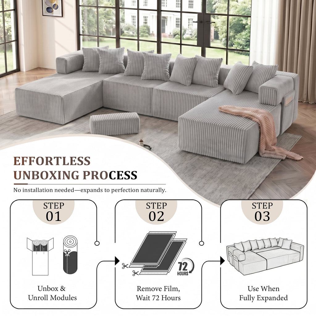 SOULART 138.5 U Shaped Sectional Couch,Gray Cloud Boneless Sofa For Living Room,Plush Corduroy Couches With Deep Seat Chaise Lounge,No Assembly Required