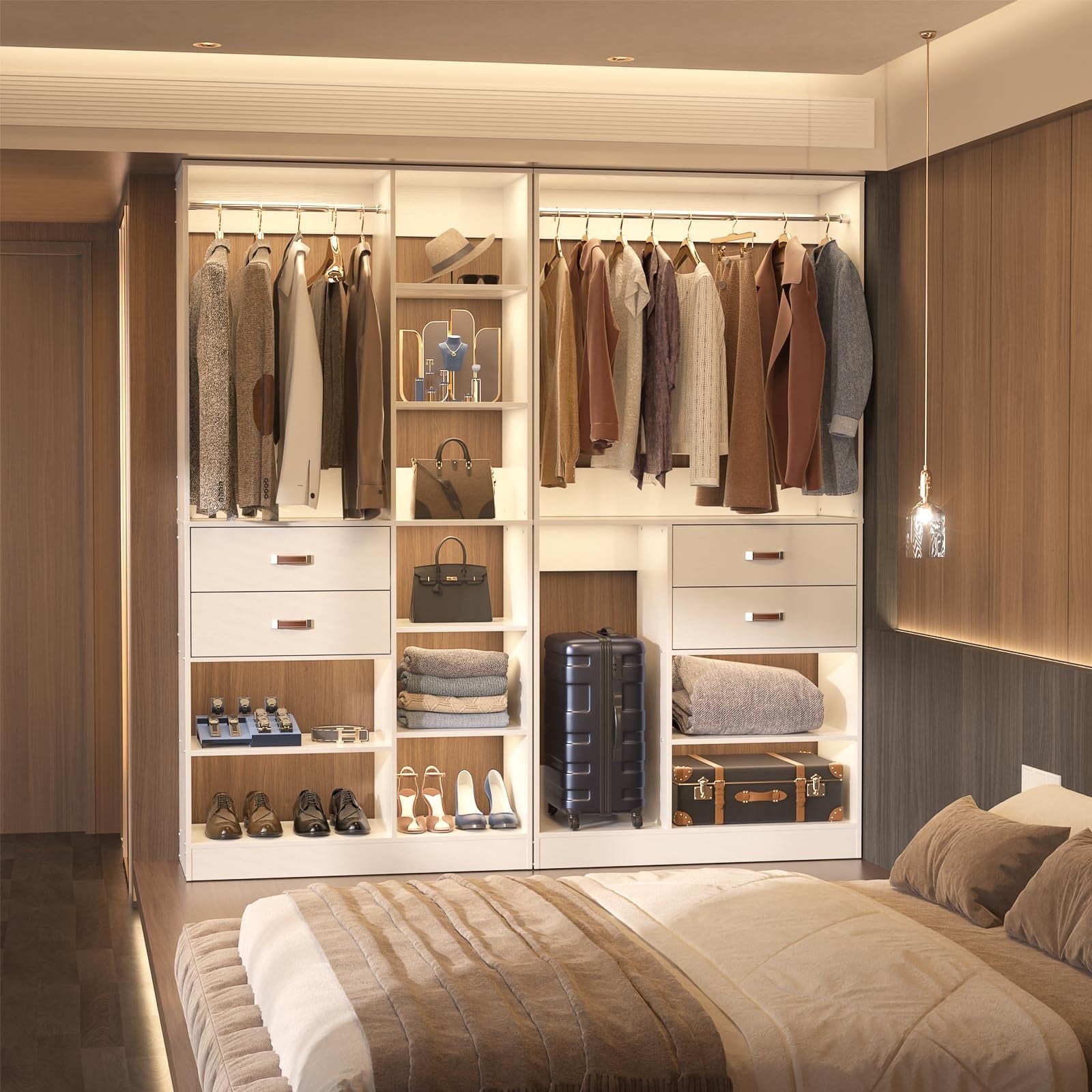 Homieasy 39.4'' W Closet System with Wooden Drawers and Hanging Rods, White