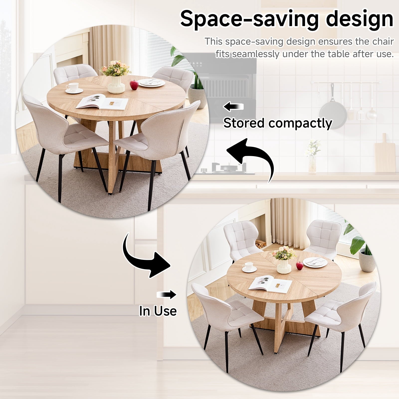 47 Round Dining Table Set for 4 Mid-Century Modern Kitchen Table with 4 Upholstered Chairs Kitchen Coffee Set Dining Table and Chairs for Living Room(Natural Table with 4 Beige Chairs)