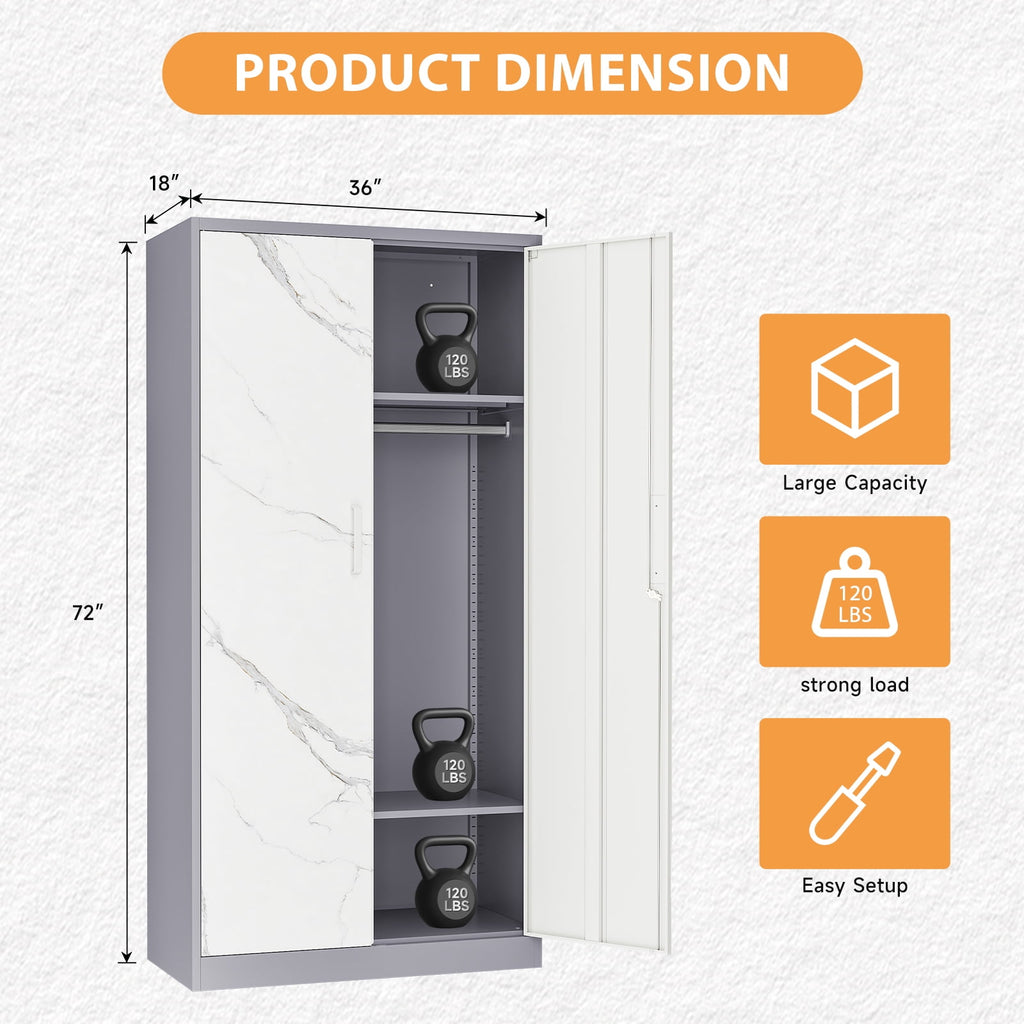 STANI Metal Wardrobe Closet with Hanging Rod, 72 White Armoire Wardrobe Cabinet with Adjustable Shelves, Clothes Storage Organizer Cabinets for Bedroom, Bathroom, Office