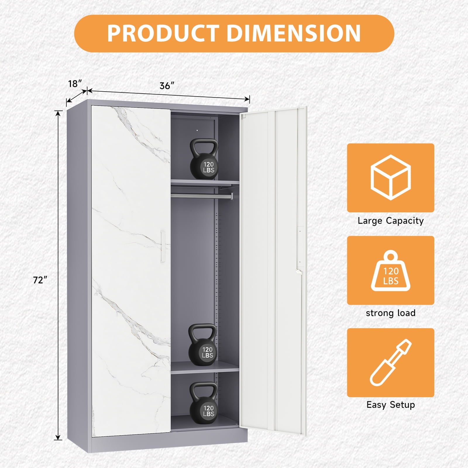 STANI Metal Wardrobe Closet with Hanging Rod, 72 White Armoire Wardrobe Cabinet with Adjustable Shelves, Clothes Storage Organizer Cabinets for Bedroom, Bathroom, Office