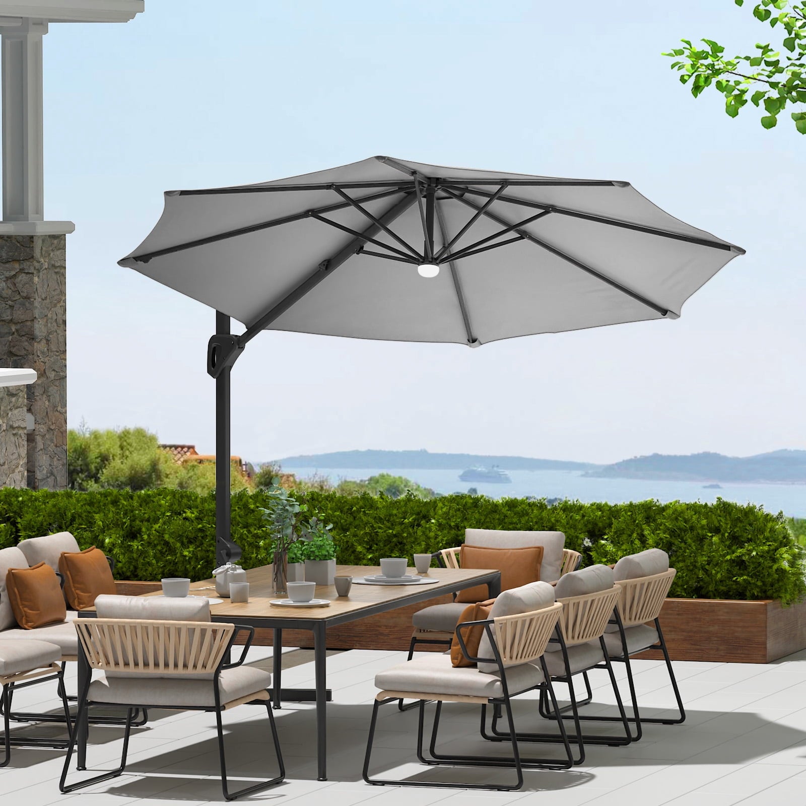 360° Rotating Cantilever Patio Umbrella – Heavy-Duty Waterproof Oxford Canopy, Adjustable Tilt, Rust-Proof Aluminum Frame, Easy Crank, Cross Base – Large Sun Shade for Garden, Poolside, Patio – Grey