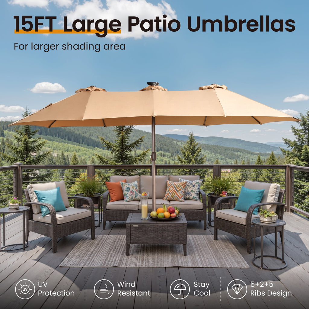 Ovios 15ft Solar LED Patio Umbrellas Double-Sided Outdoor Umbrella 36 LED Lights Large Poolside Umbrella with Base for Outside, Market, Backyard, Dark Grey