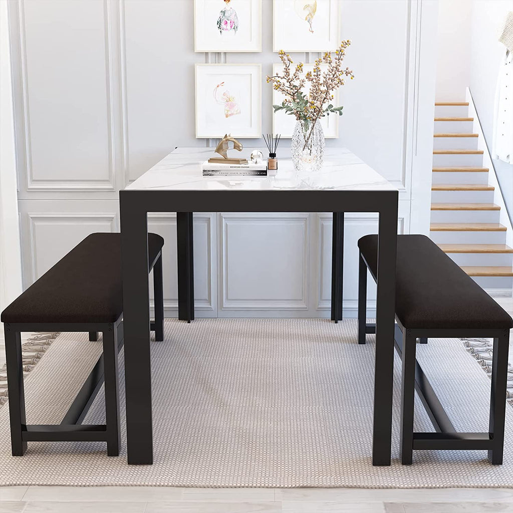 MIERES Kitchen Dining Set: Rectangular solid wood dining table with two benches, suitable for 2 to 4 people, small dining set, black