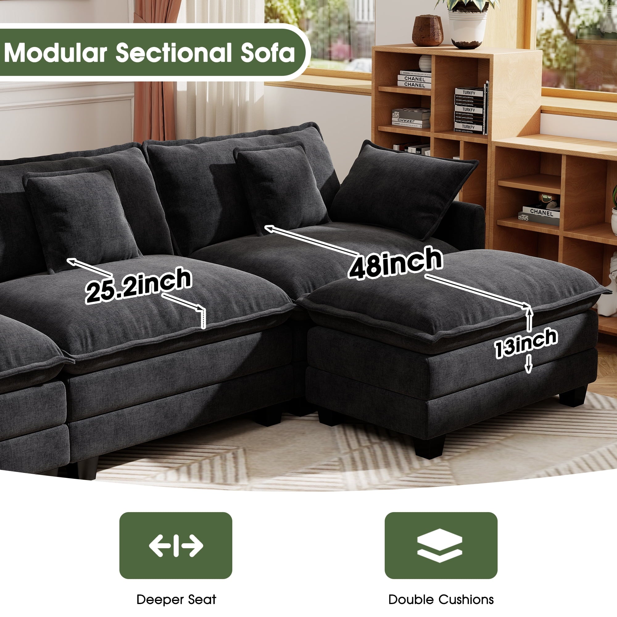 BedLuxury 111.5'' Modular Sectional Sofa with Movable Ottomans, U Shaped Cloud Couch for Living Room, 3-Seat, Grey