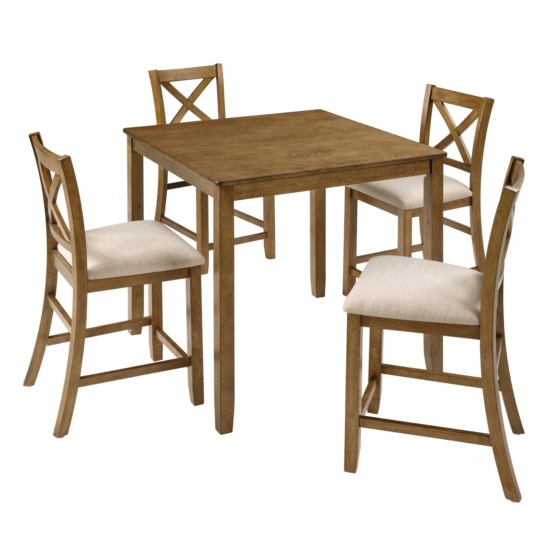SESSLIFE Dining Table Set for 4, Counter Height Kitchen Table Set with Square Table and 4 Upholstered Chairs, Solid Wood Dining Room Set for 4, Space-Saving, Black & Oak