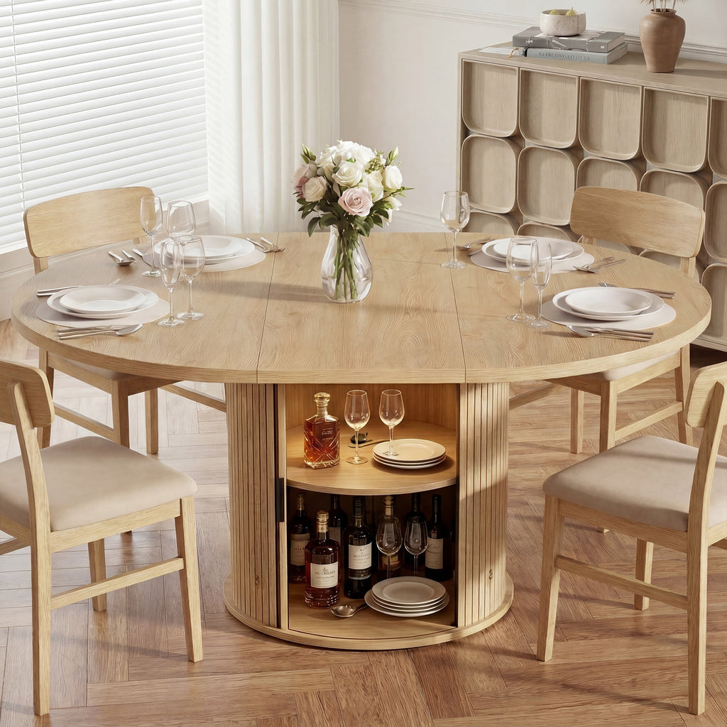 EOP 47″- 63″ Extendable Round Dining Table for 4-6, Wooden Kitchen Table with Hidden Storage and Fluted Sliding Door Cabinet, Modern Space-Saving Table for Dining Room Kitchen, Walnut