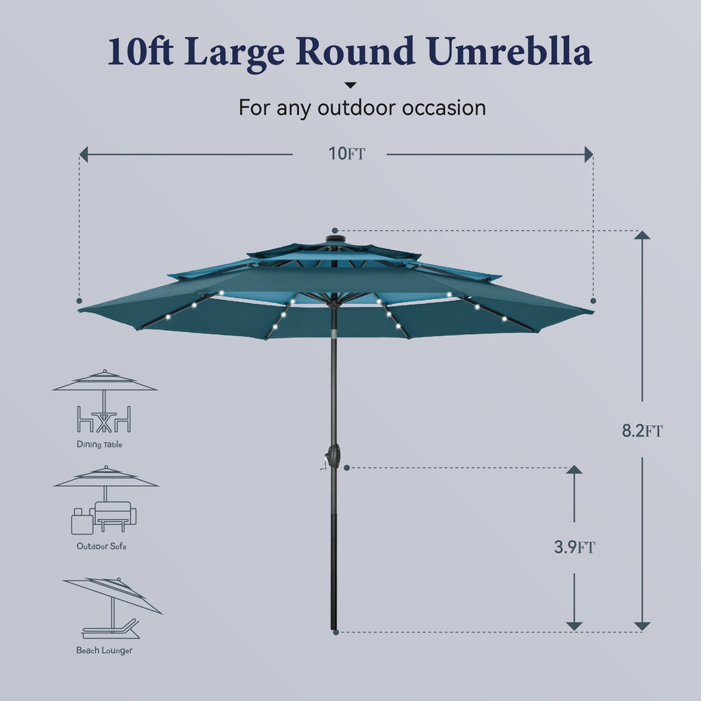 Summit Living 10ft Patio Umbrella with Solar Lights 3-Tier Vented Outdoor Market Umbrella with Auto-Tilt – Beige