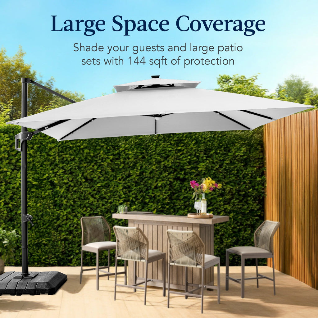 Best Choice Products 12x12ft 2-Tier Square Outdoor Solar LED Cantilever Umbrella w/ 360-Rotating Base   Gray