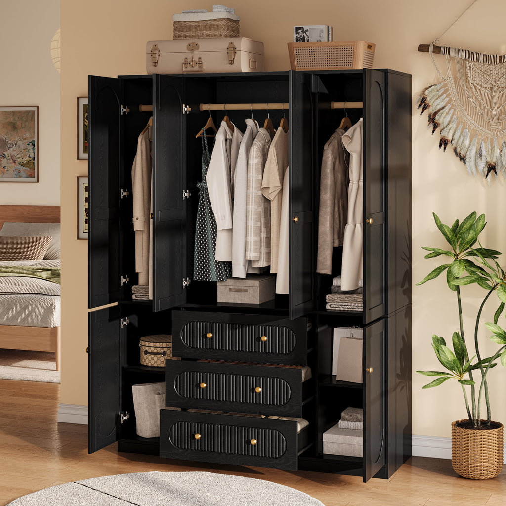 UGTOO 72H 4-Door Wardrobe Armoire with 3 Hanging Rods & 3 Drawers – Black Wooden Closet Storage Cabinet, Large Capacity Freestanding Clothes Organizer for Bedroom