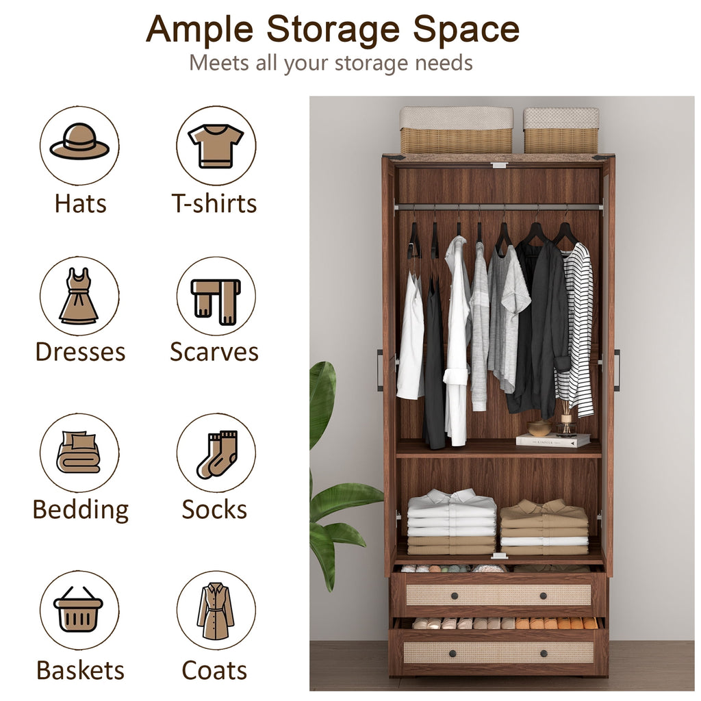 Brafabhome 71H Armoire Wardrobe Closet with 2 Drawers, Farmhouse 2 Doors Armoire Cabinet with Hanging Rod, Modern Freestanding Wardrobe Clothes Cabinet for Bedroom | Gray