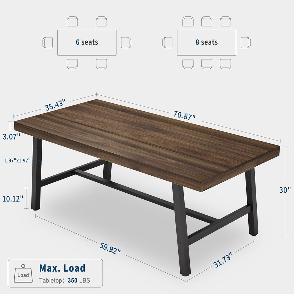 Industrial Dining Table for 6-8 People, 70.87 Long Wooden Kitchen Table with Sturdy Metal Frame & Natural Finish, Seats 6 Rectangular Counter for Dinner, Kitchen, Dining Room - Natural