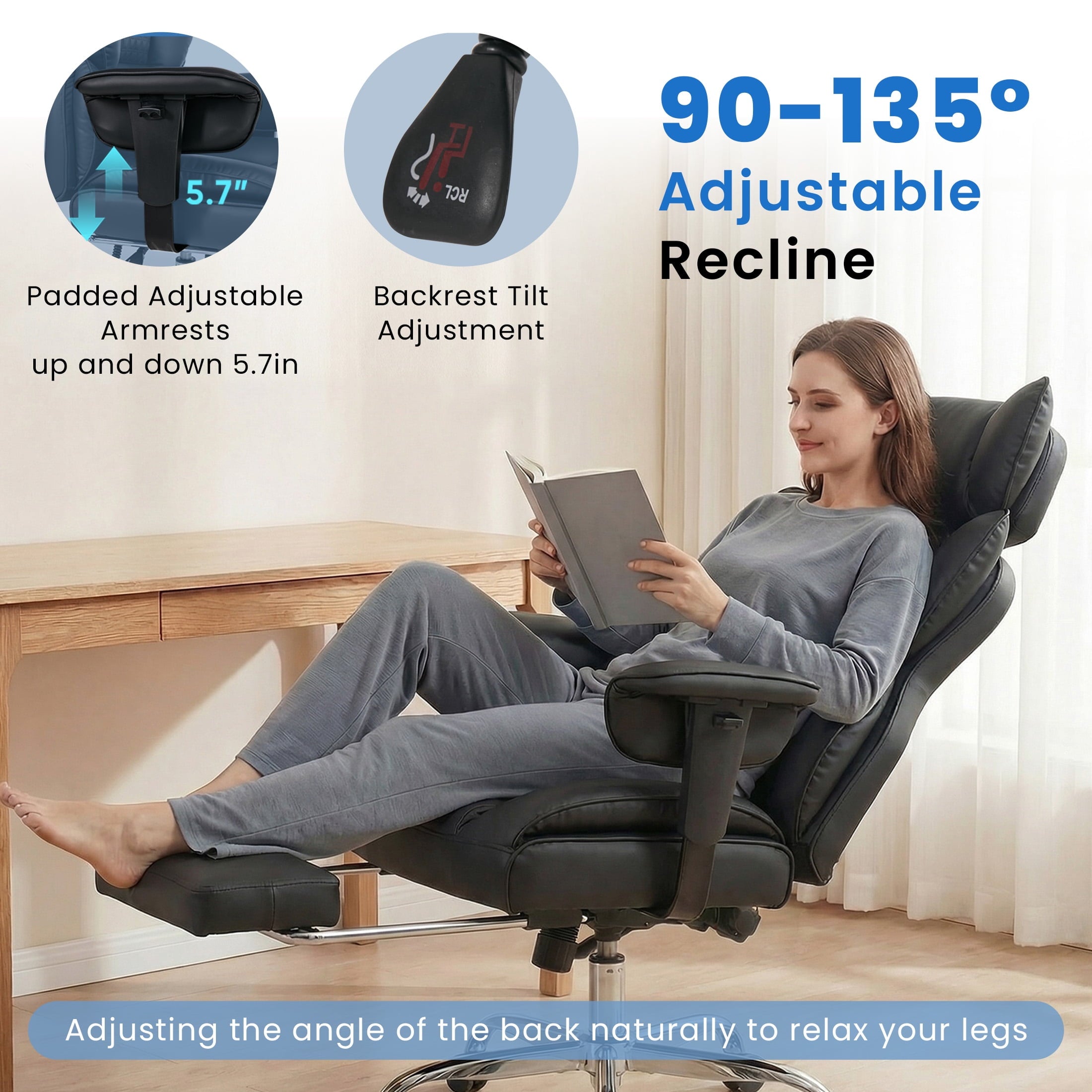 edx Executive Home Office Desk Chair, Ergonomic Big Tall High Back with Footrest & Lumbar Support, Reclining Comfy PU Leather Computer Gaming Chair with Swivel Wheels, Height Adjustable, Black