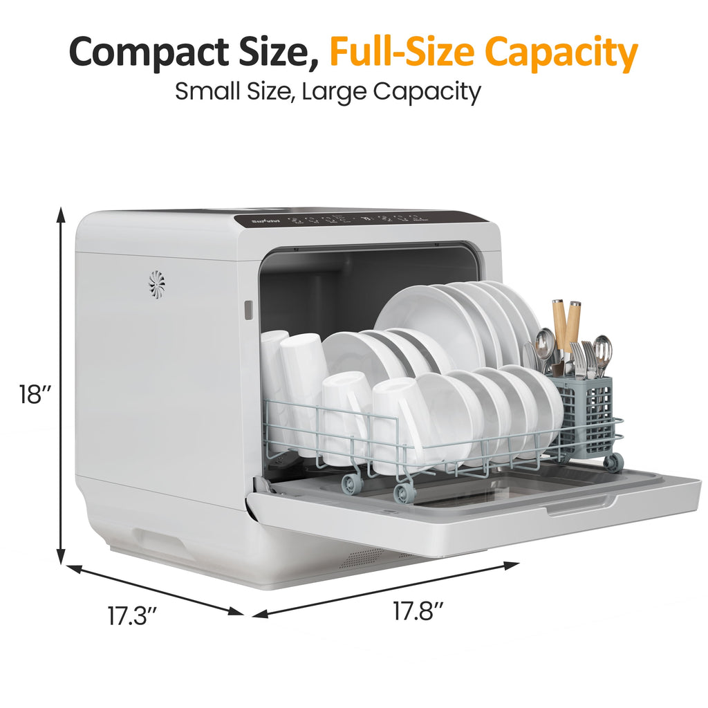 Heynemo Portable Countertop Dishwasher 18, 152oz Built-in Water Tank, 6 Wash Programs, Energy Star, Delay Start for Apartments & RV, White with Brushed Gray Door