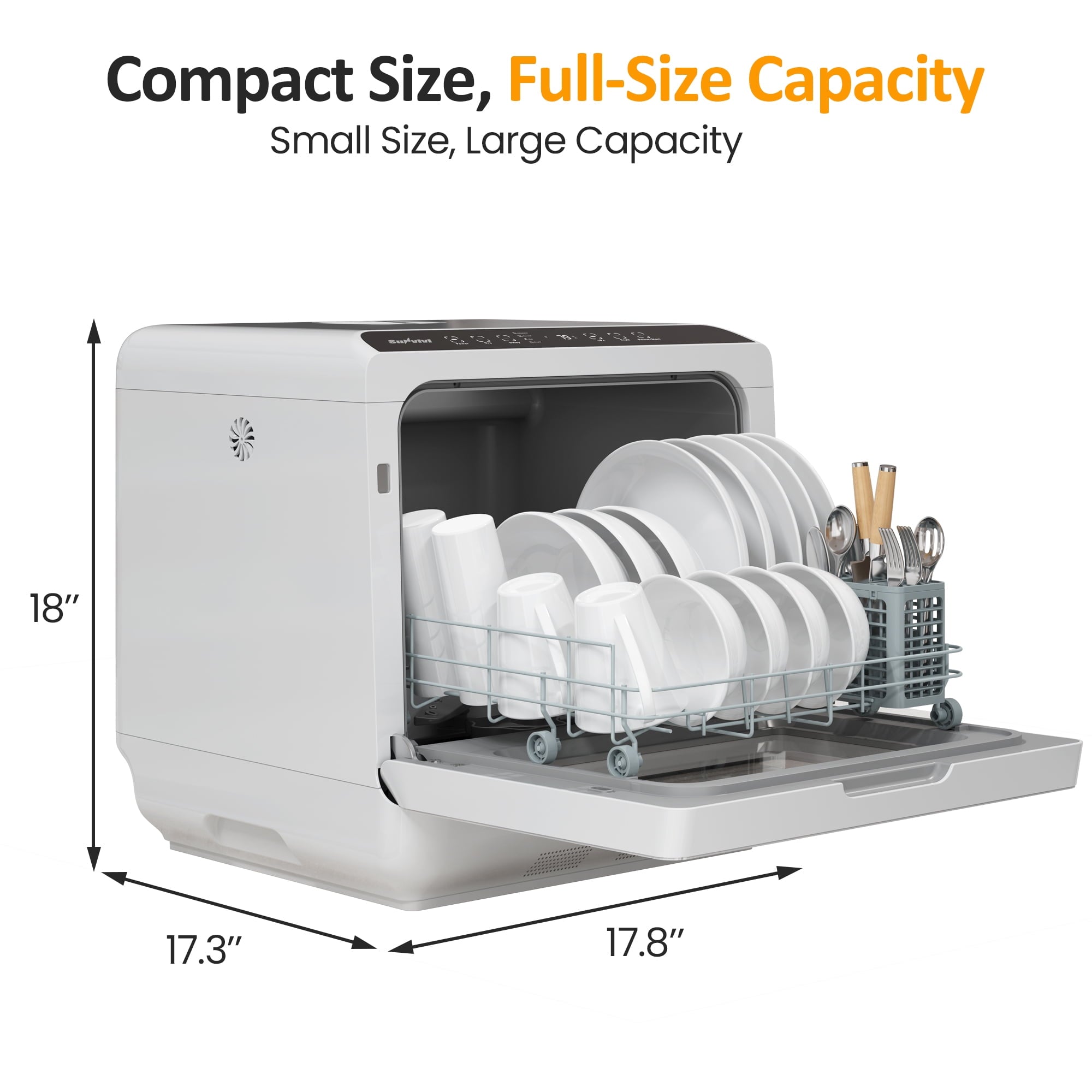 Heynemo Portable Countertop Dishwasher 18, 152oz Built-in Water Tank, 6 Wash Programs, Energy Star, Delay Start for Apartments & RV, White with Brushed Gray Door